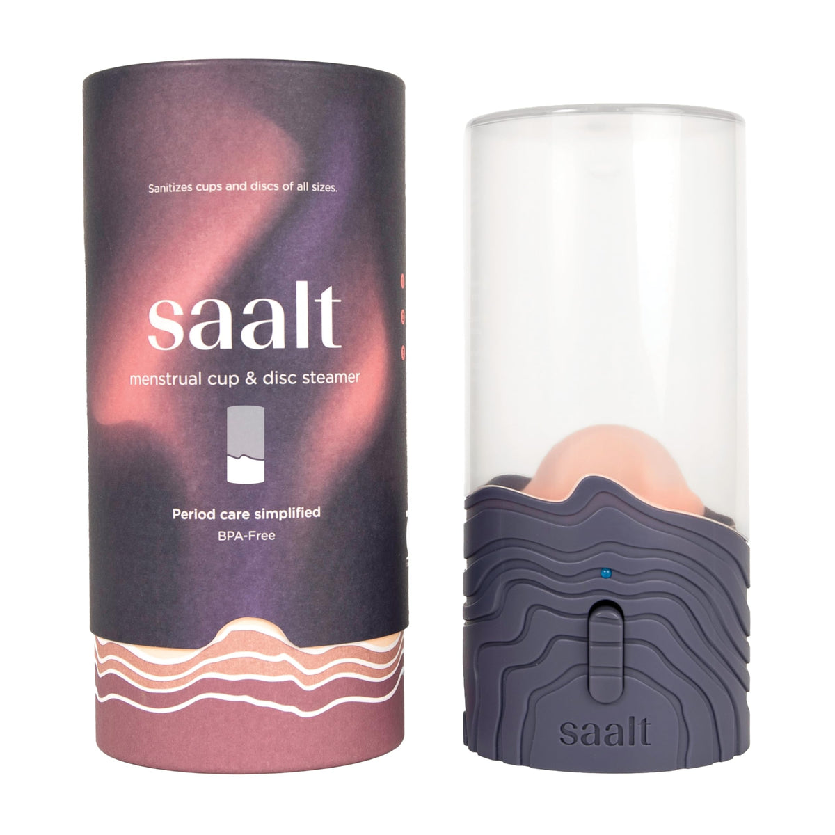 Saalt Steamer para copa menstrual en uso diario, desinfección rápida y segura.