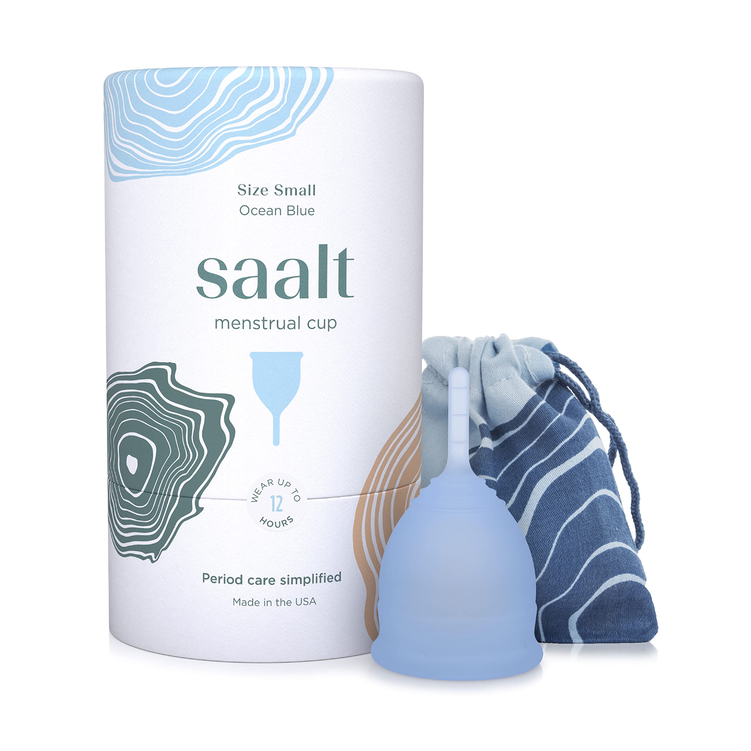 Saalt Taza menstrual azul océano, protección duradera para uso diario y natación sin fugas.