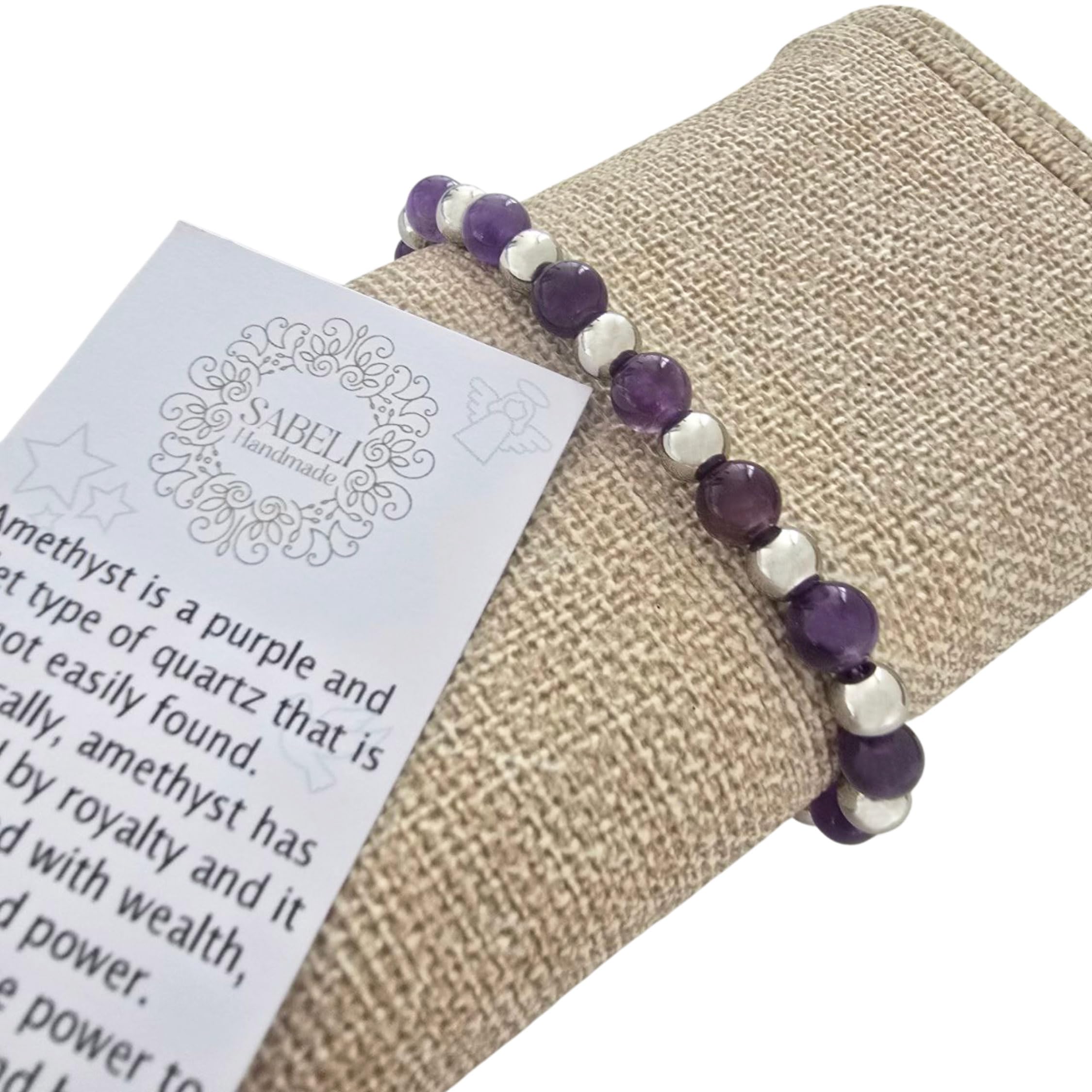 Sabeli amatista artesanal con cuentas de 6mm, joya única para meditación.