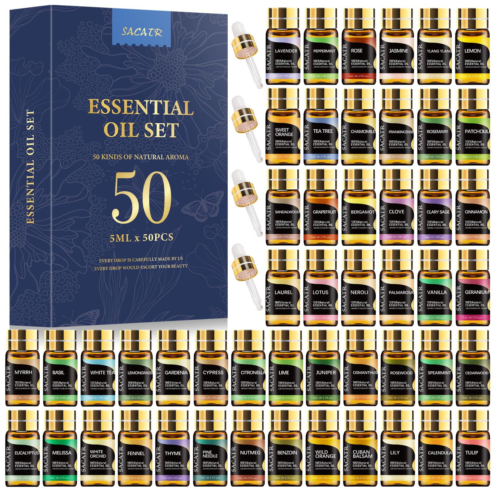 SACATR 50 aceites esenciales lavanda, botella ámbar, ideal para difusor y relajación en casa