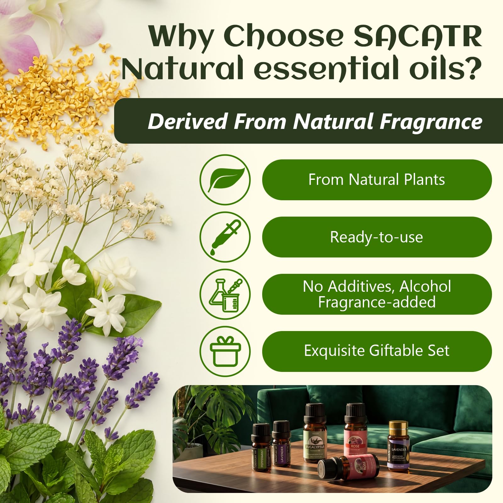 SACATR 50 aceites esenciales rosa, botella ámbar, aroma floral para ambientar estancias