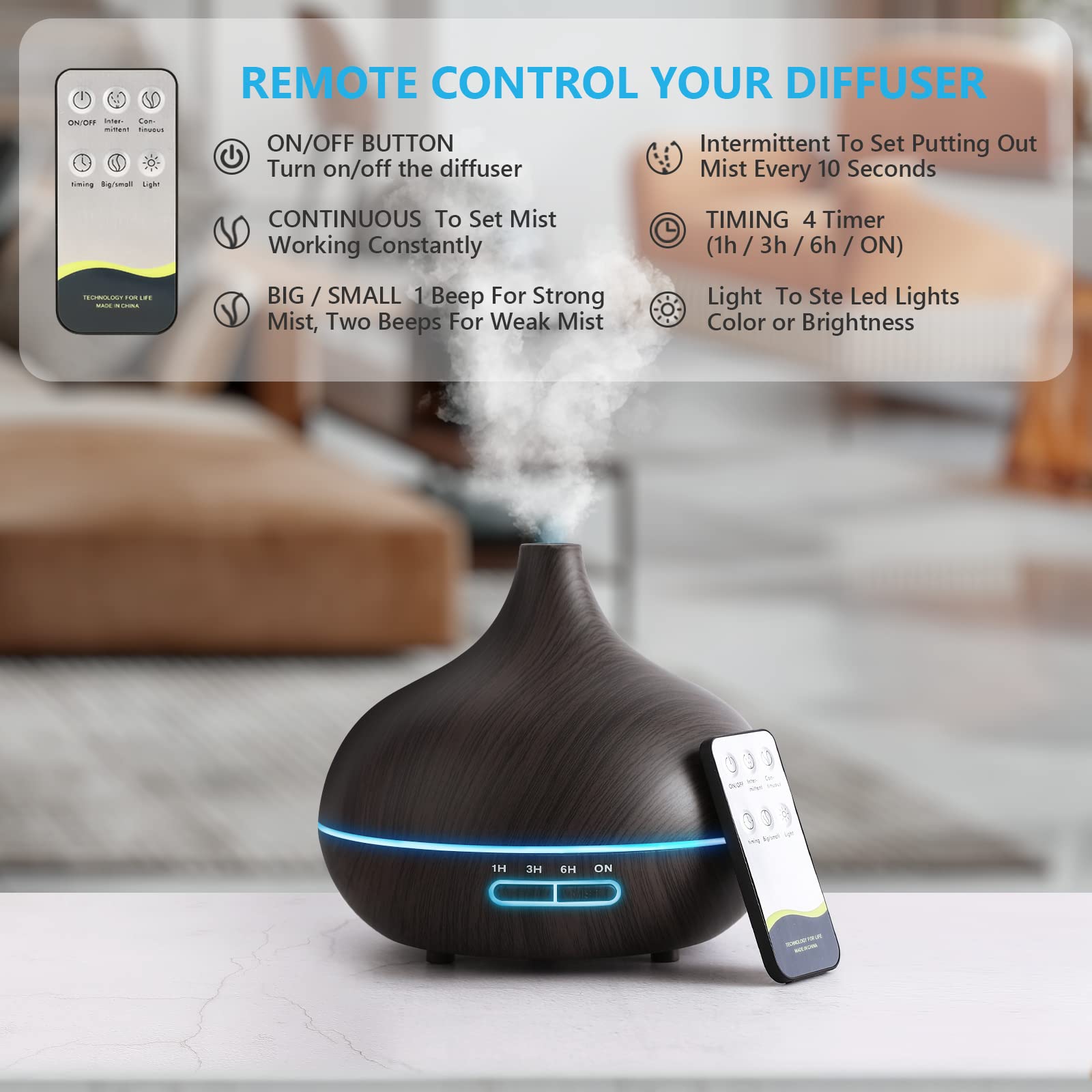 SACATR difusor con control remoto para ajuste cómodo desde el sofá.