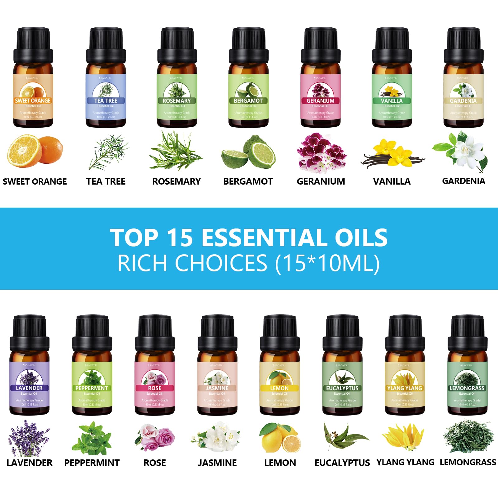Set de aceites naturales SACATR 15un en frascos ámbar para fragancias.