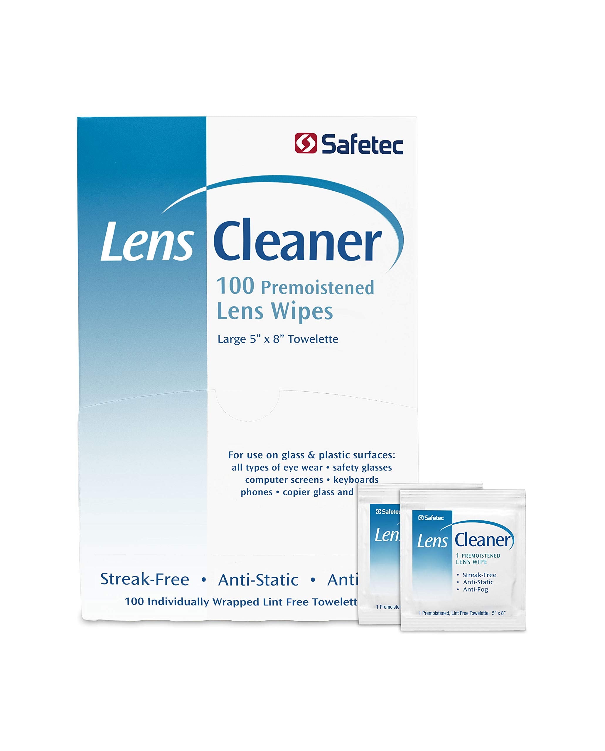 Safetec lentes, doble paquete de 100 toallitas para limpieza rápida de gafas.