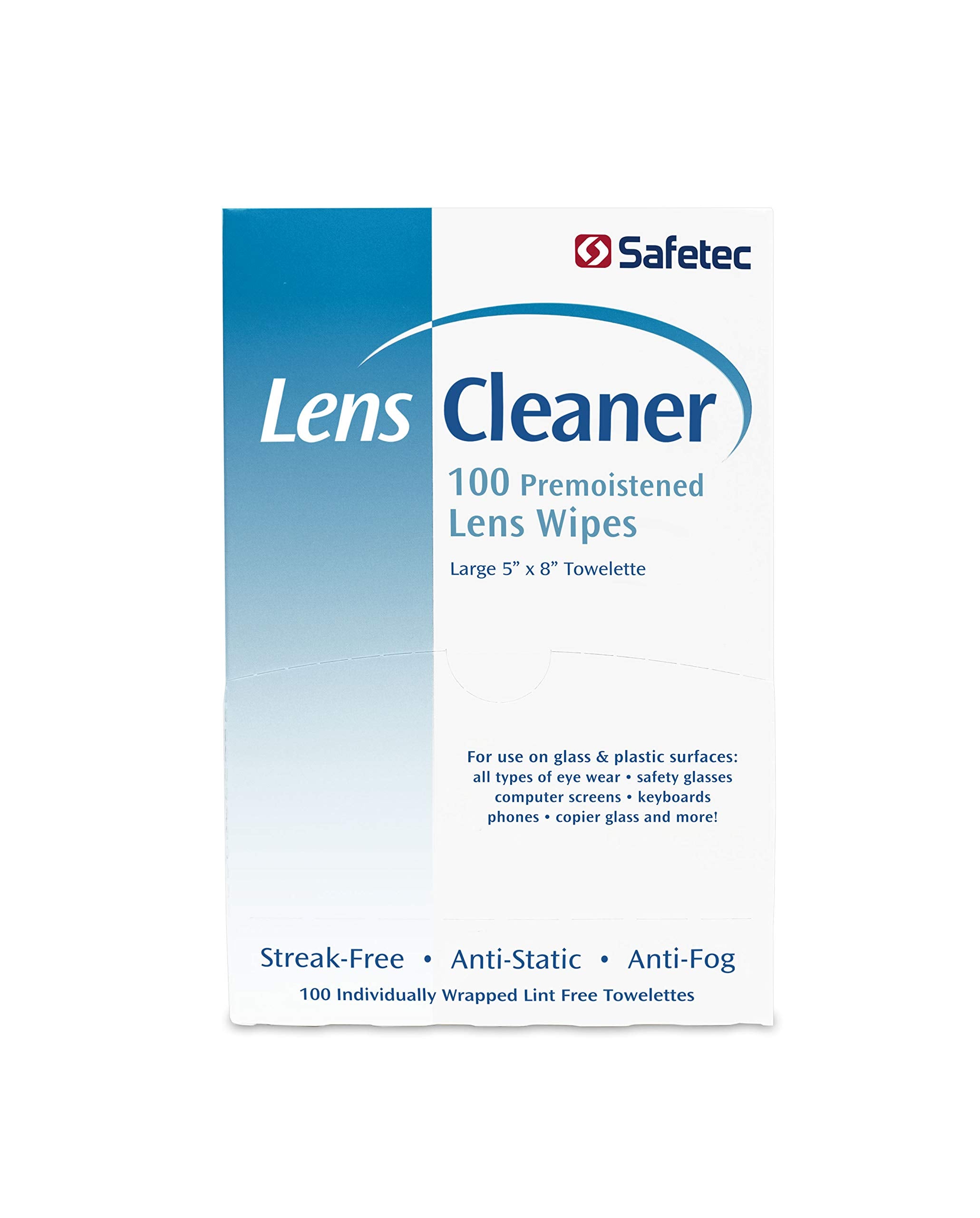 Safetec toallita prehumedecida para lentes desplegada, uso práctico.