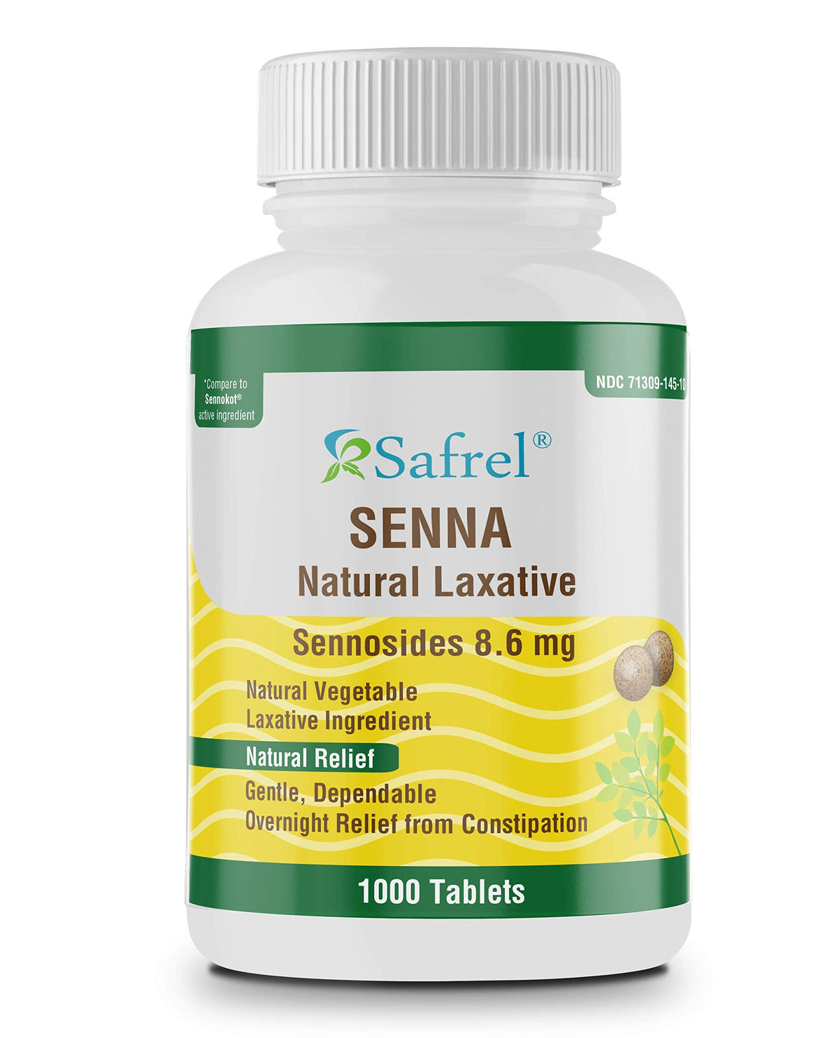 Safrel Senna: tabletas en botella para apoyo suave al tránsito intestinal diario.