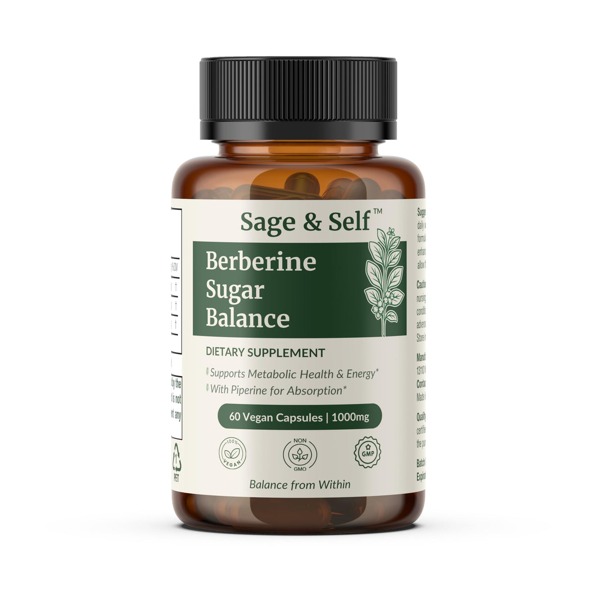 Sage & Self Berberina cápsulas: frasco listo para la rutina diaria vegana.