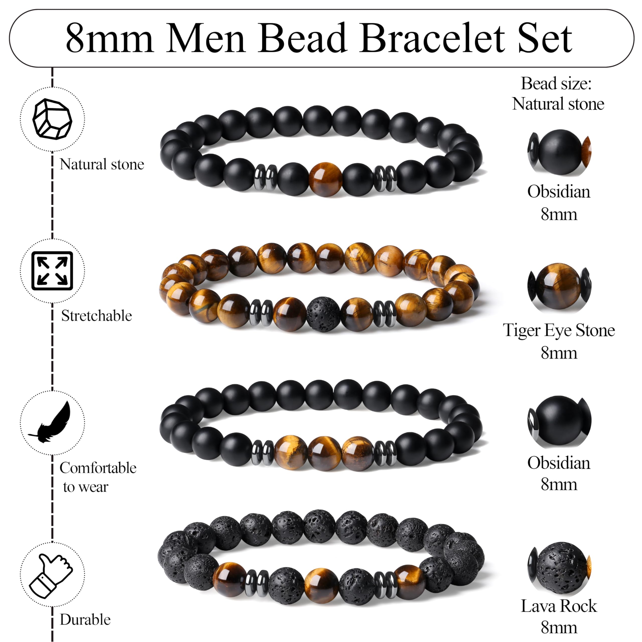 Pulsera Sahoottie lava roca 8mm, textura distintiva y moderna