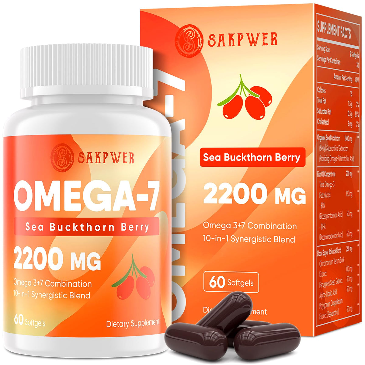 Sakpwer Omega-7: botella de aceite de espino amarillo con Omega 3 para la dieta diaria