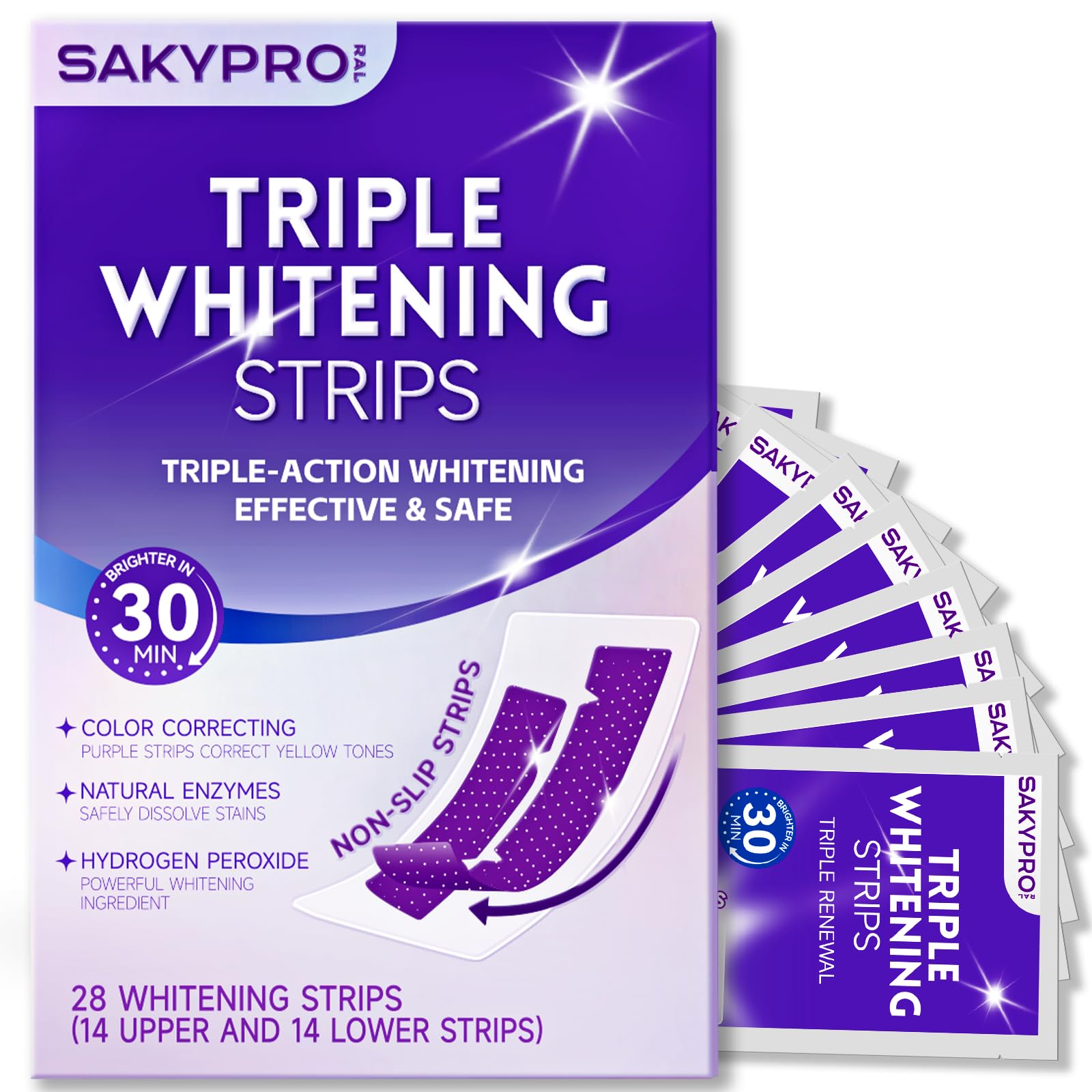 SAKYPRORAL tiras de blanqueamiento instantáneo para resultados rápidos en 30 minutos.