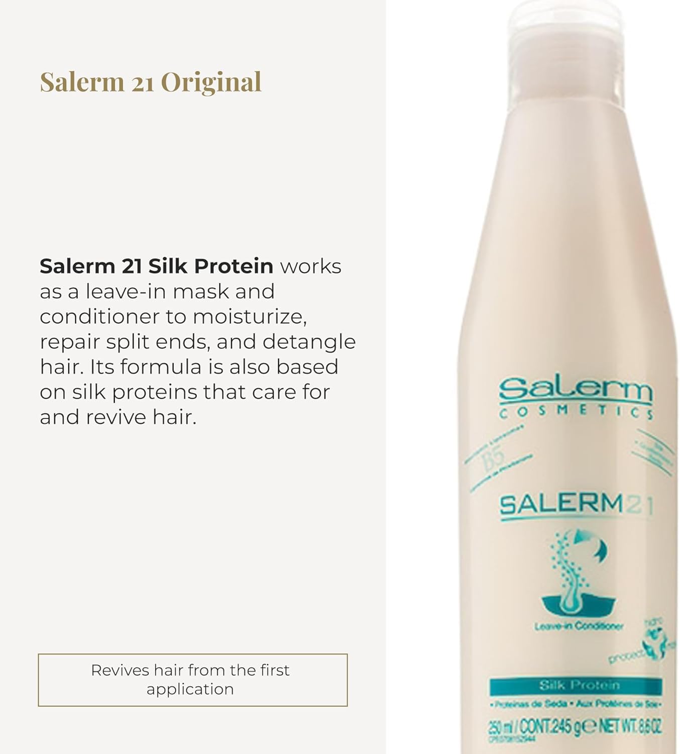 Salerm 21 B5 Silk Protein, etiqueta informativa sobre uso y beneficios