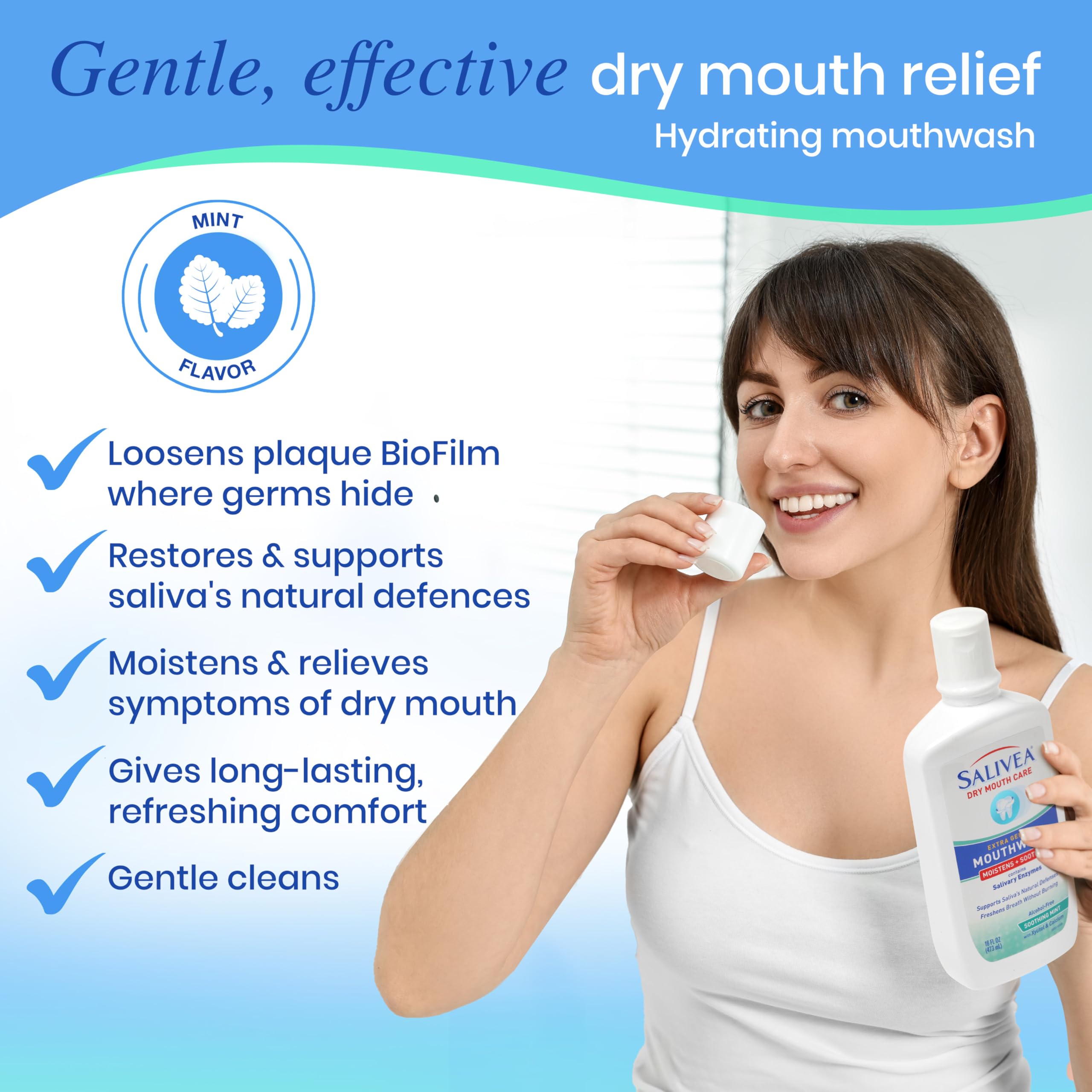 Enzimas naturales de Salivea para apoyar la saliva y el confort bucal.