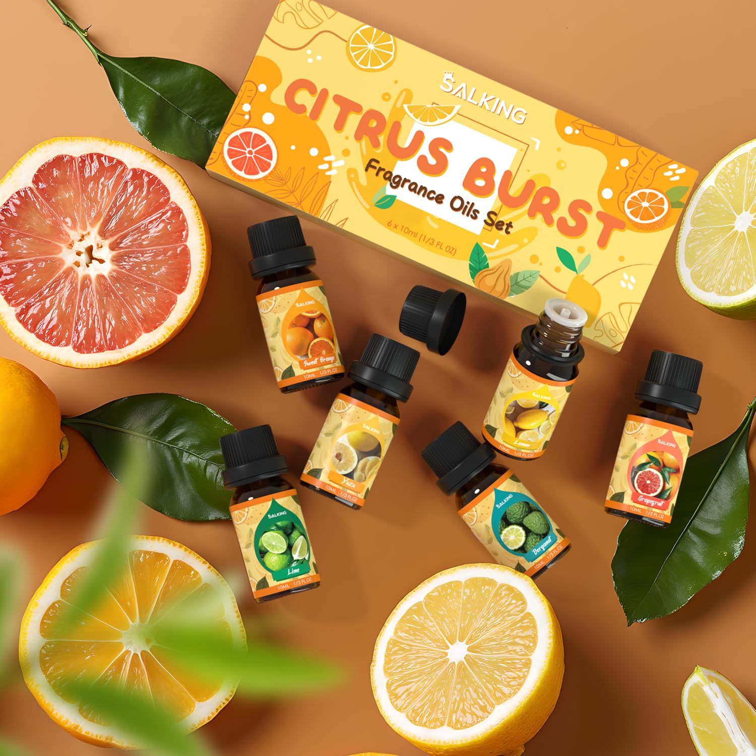 SALKING Citrus Burst Bergamota – frasco en escritorio para ambiente fresco.