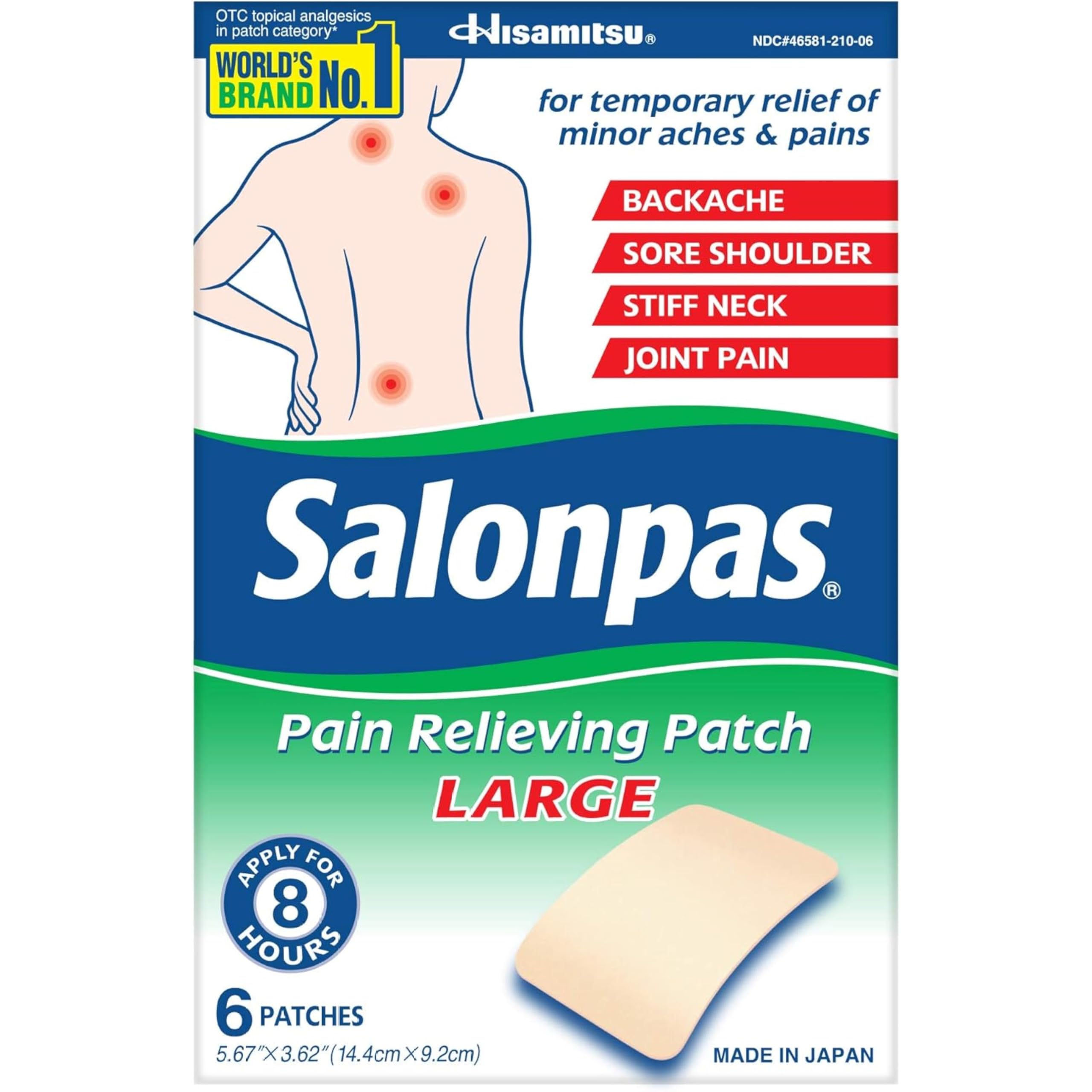 SALONPAS Grande parche en la espalda ofrece adherencia duradera para molestias musculares.