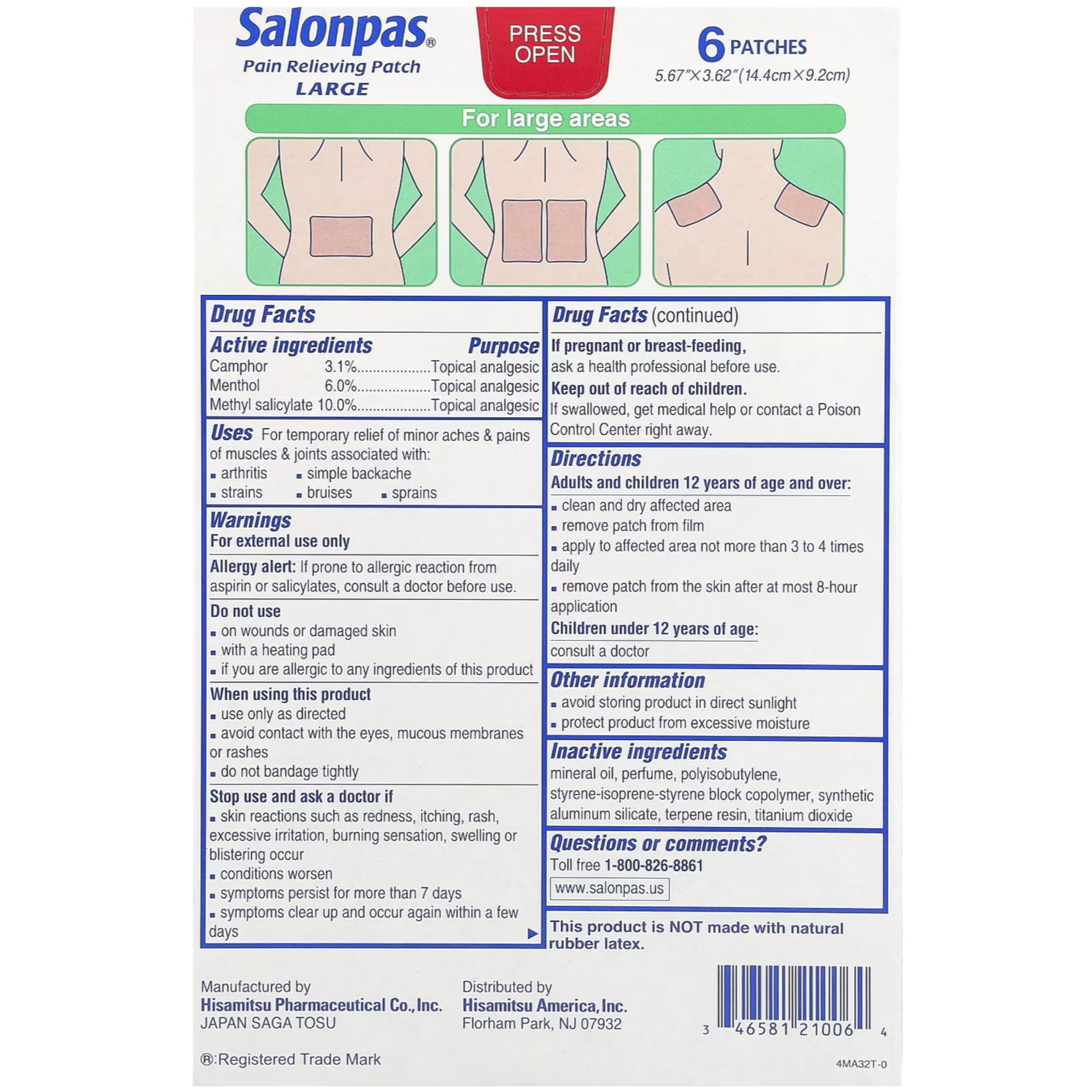 SALONPAS Grande parche bajo la ropa, cómodo durante actividades diarias.
