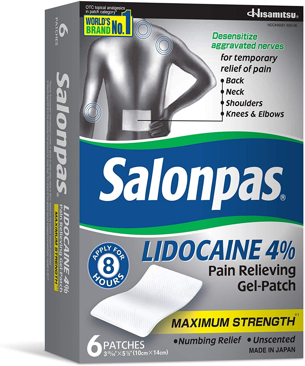 Salonpas Lidocaína parche permite alivio duradero de hasta 8 horas en articulaciones.