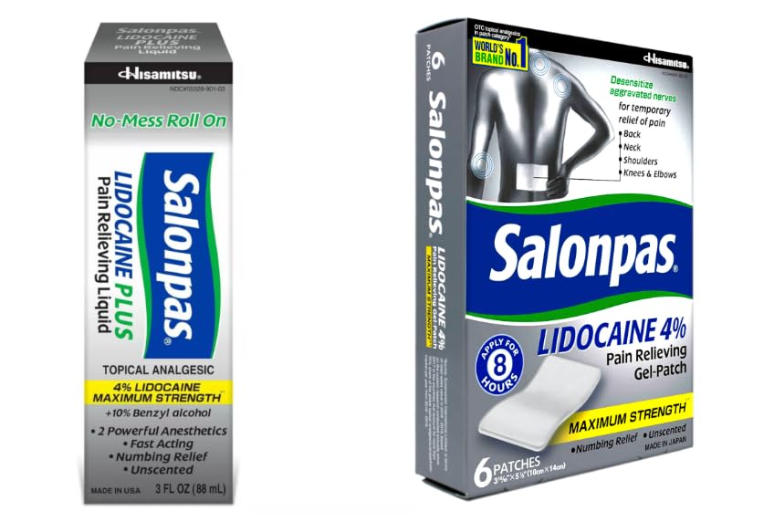 Pack de lidocaína Salonpas, combinación de parche y rodillo.