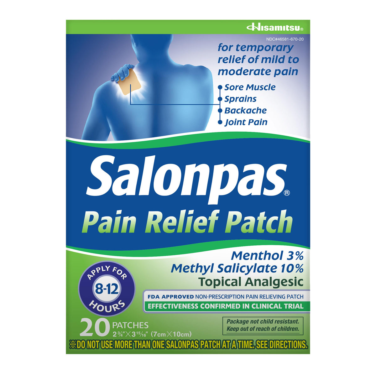 Parche Salonpas dentro de la caja, alivio temporal para molestias.