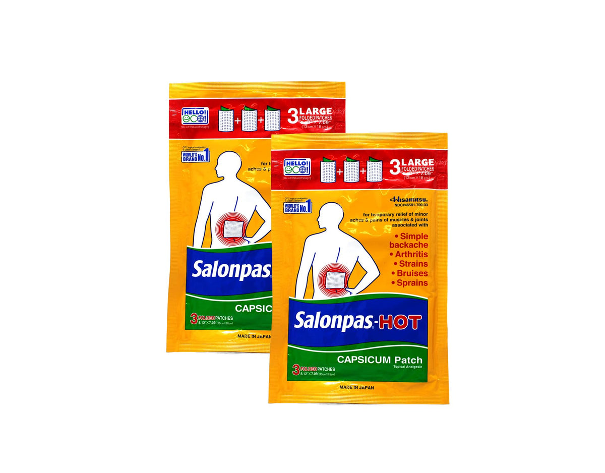 Parche Salonpas con capsaicina aplicado en la espalda, alivio puntual del dolor muscular.