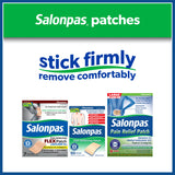 Parche Salonpas con bordes redondeados para adherencia fiable.
