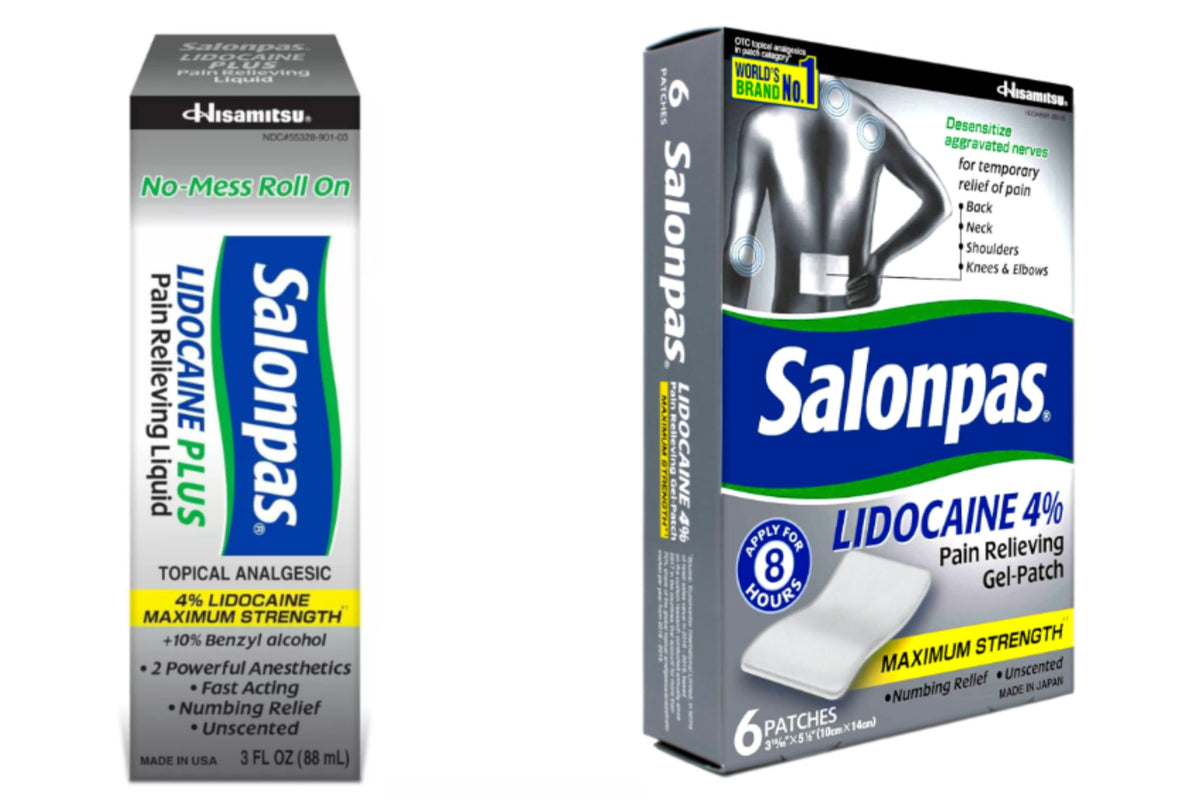 Parche gel lidocaína de Salonpas, aplicación en la piel para alivio localizado.