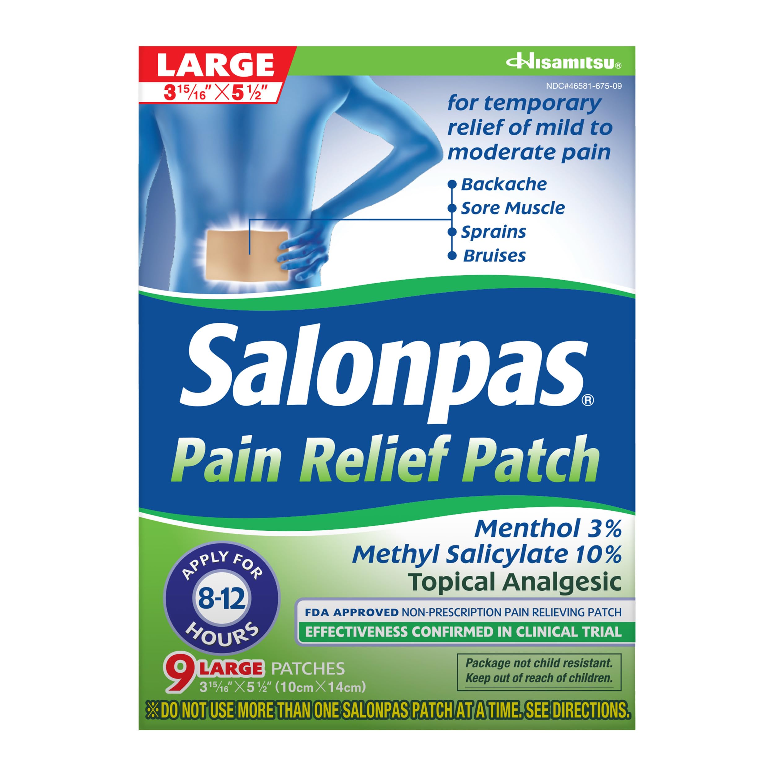 Parches Salonpas con mentol para alivio rápido del dolor localizado.
