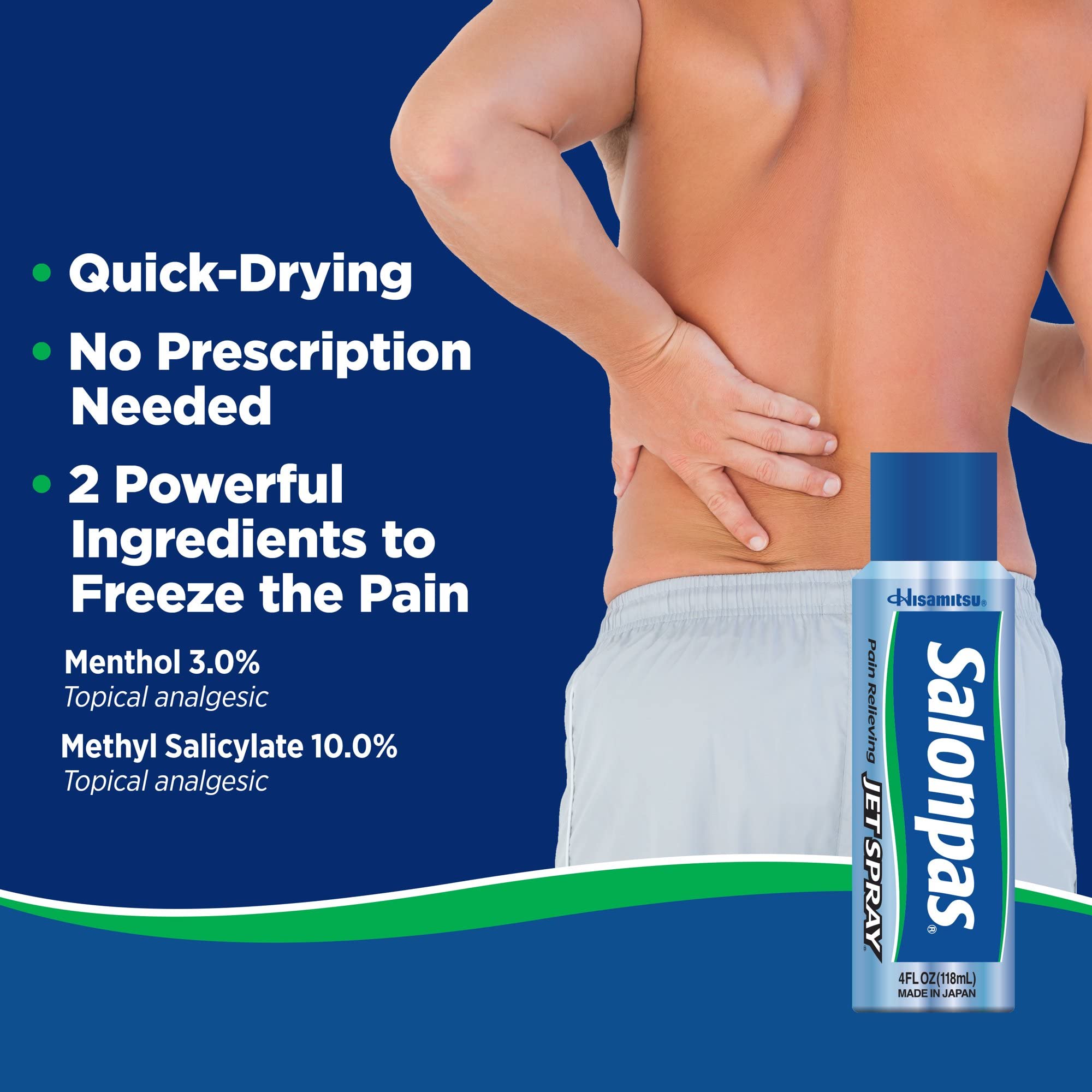 Salonpas spray en chorro en mano muestra aplicación rápida para molestias.