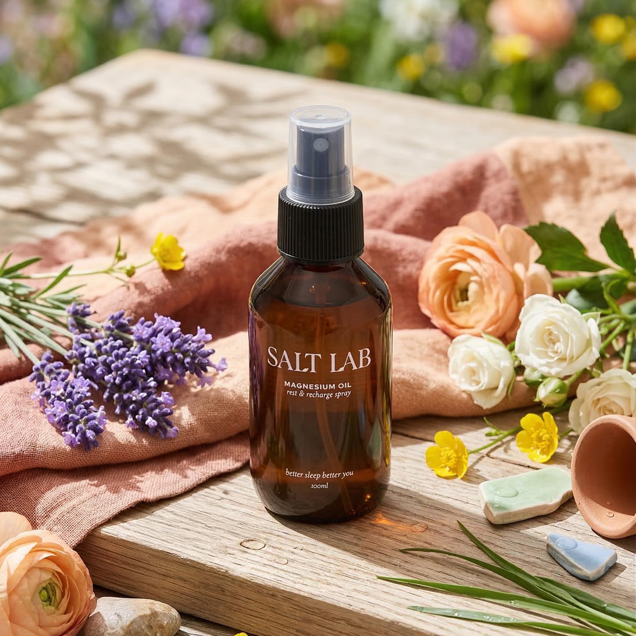 Salt Lab Magnesio Aceite Spray: aplicación suave en piernas y brazos para relajación.
