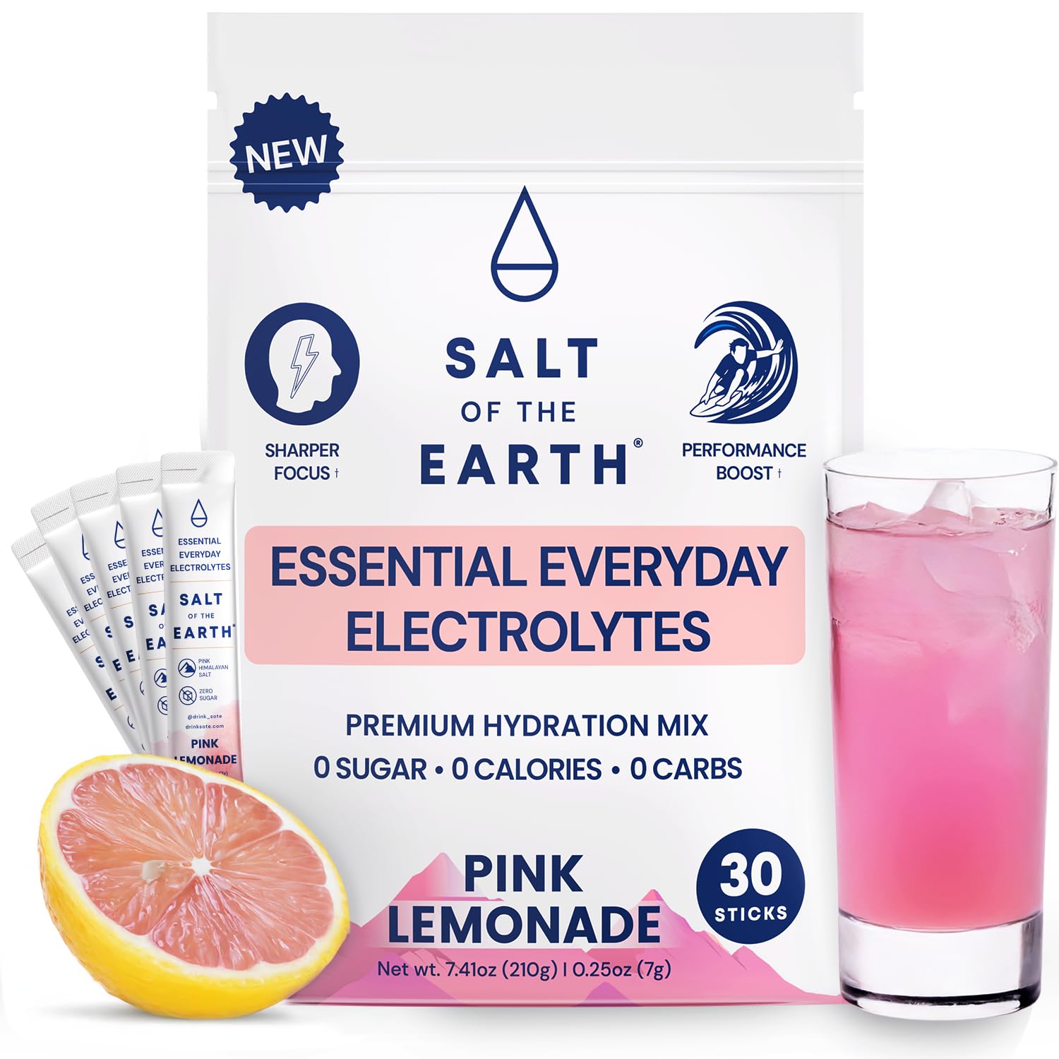 Salt of the Earth, paquete de electrolito sin azúcar, sabor limón rosado, para hidratación diaria.