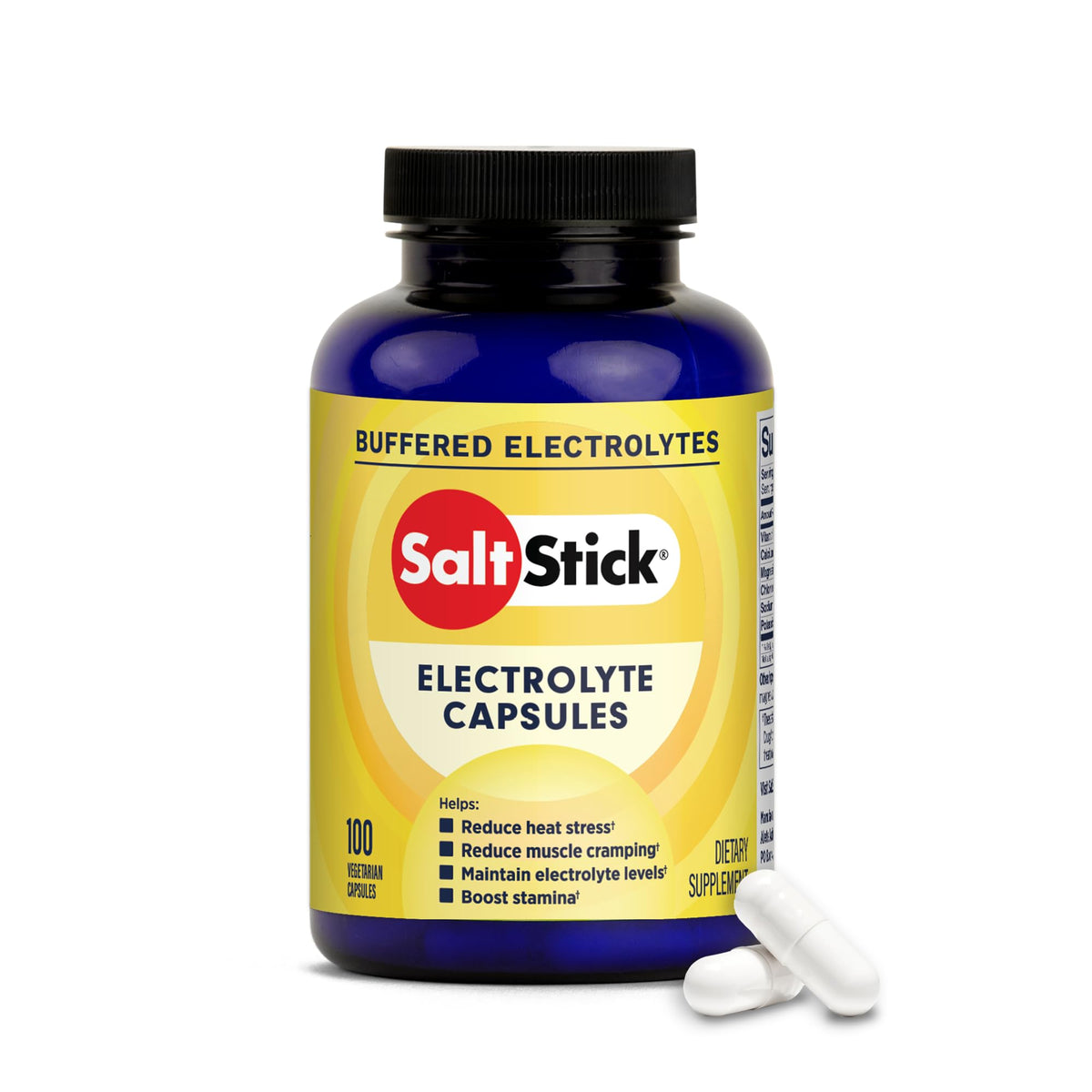 SaltStick cápsulas de electrolitos con vitamina D en frasco para hidratación.