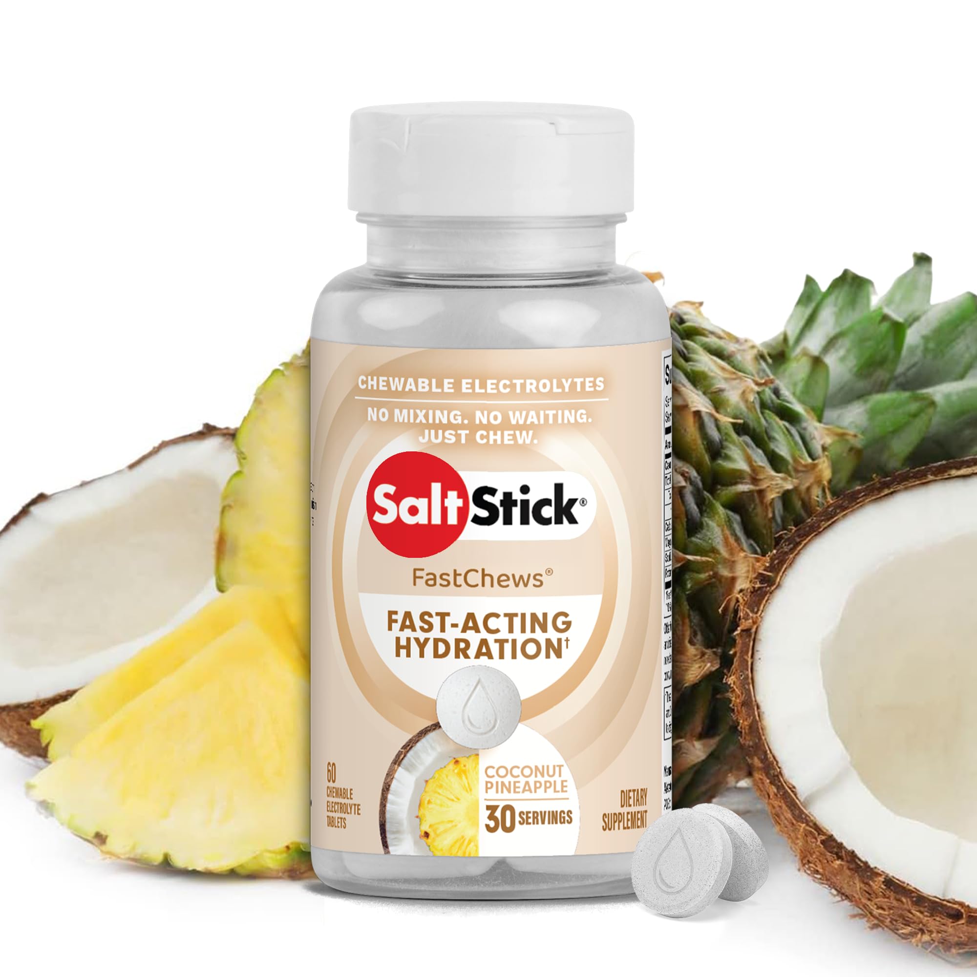 SaltStick Electrolyte Masticables en bote, sabor coco piña, para hidratación rápida durante entrenos.