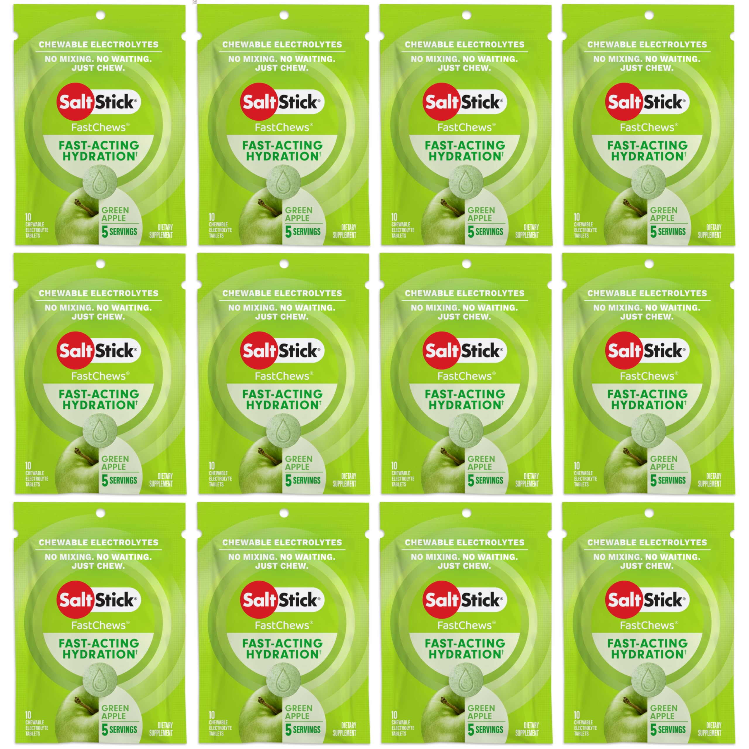 SaltStick Electrolyte FastChews sabor manzana verde en envase cerrado, ideal para entrenar.