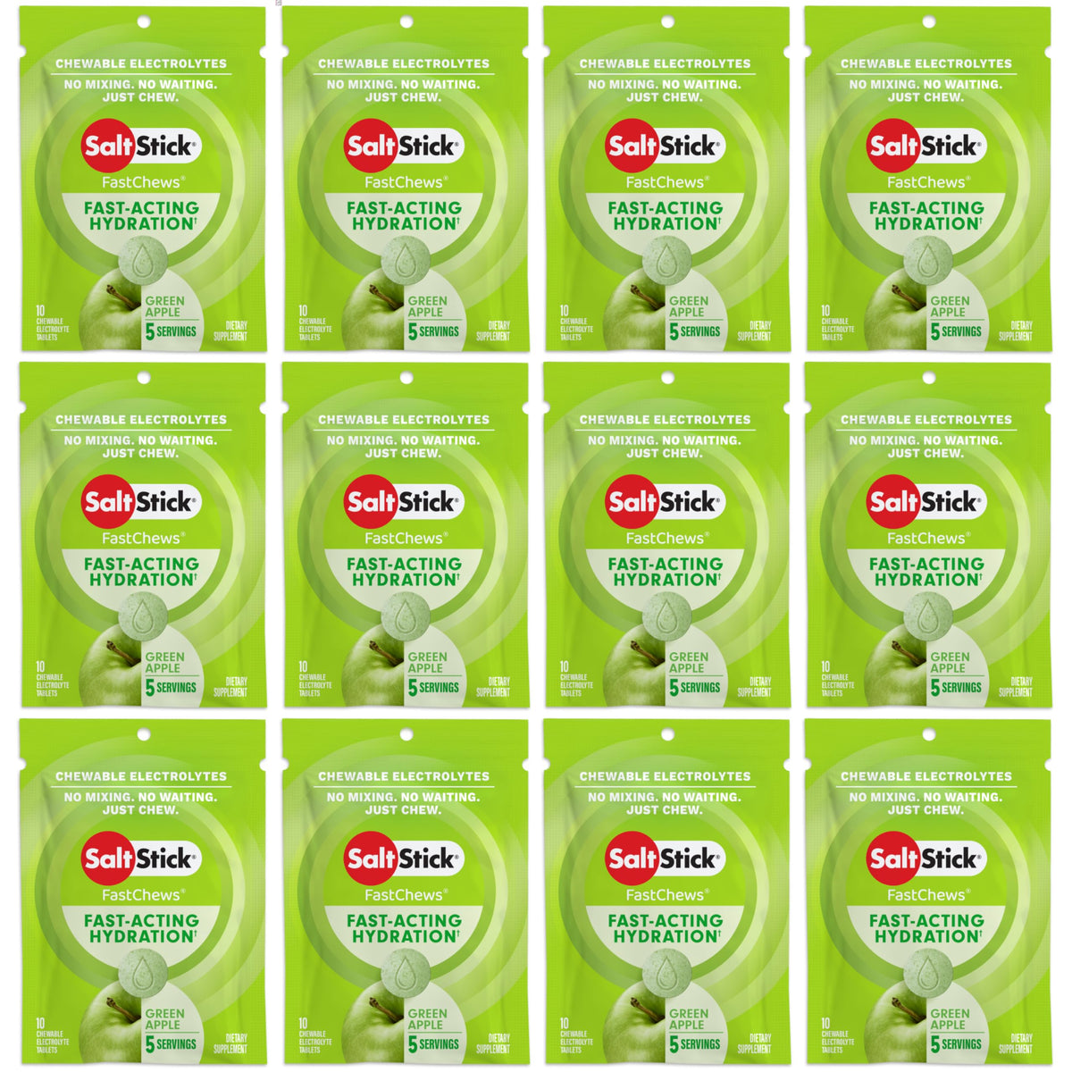 SaltStick Electrolyte FastChews sabor manzana verde en envase cerrado, ideal para entrenar.