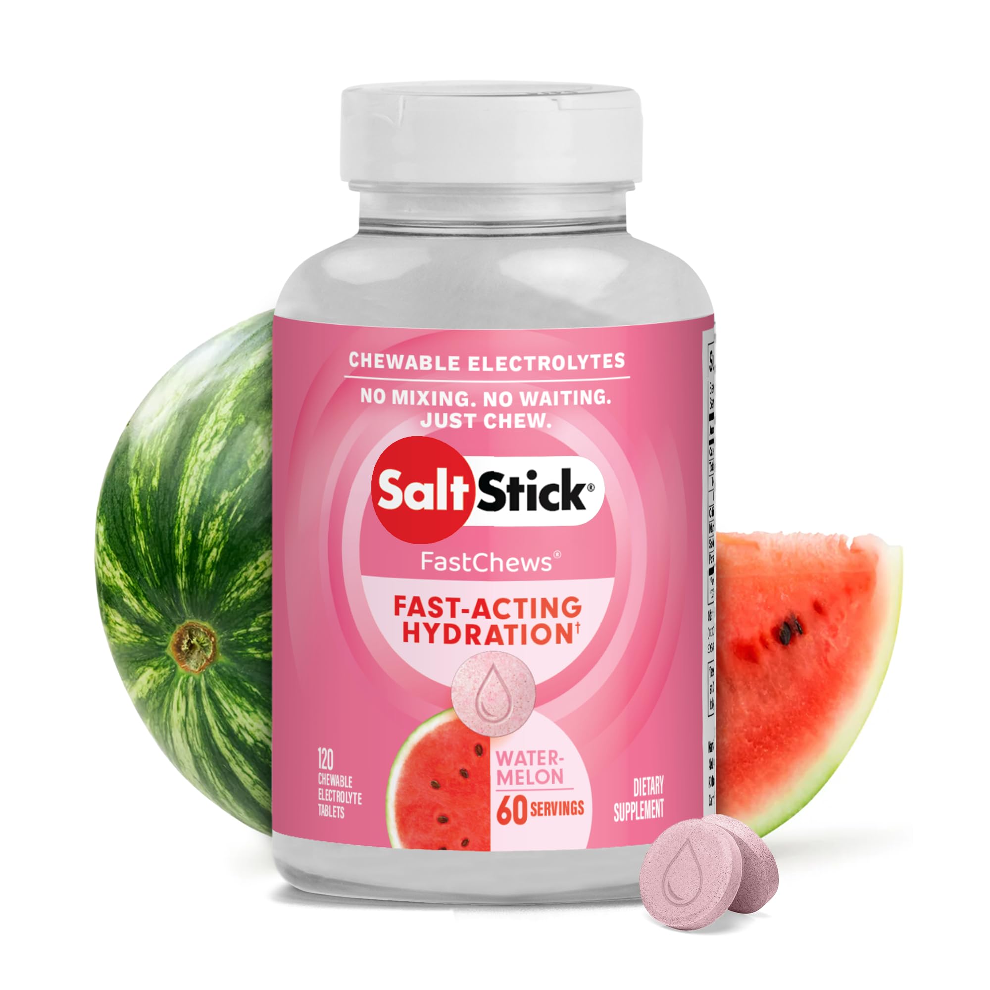 SaltStick Electrolyte FastChews, tabletas masticables sabor sandía, para mantener la hidratación durante entrenamientos.