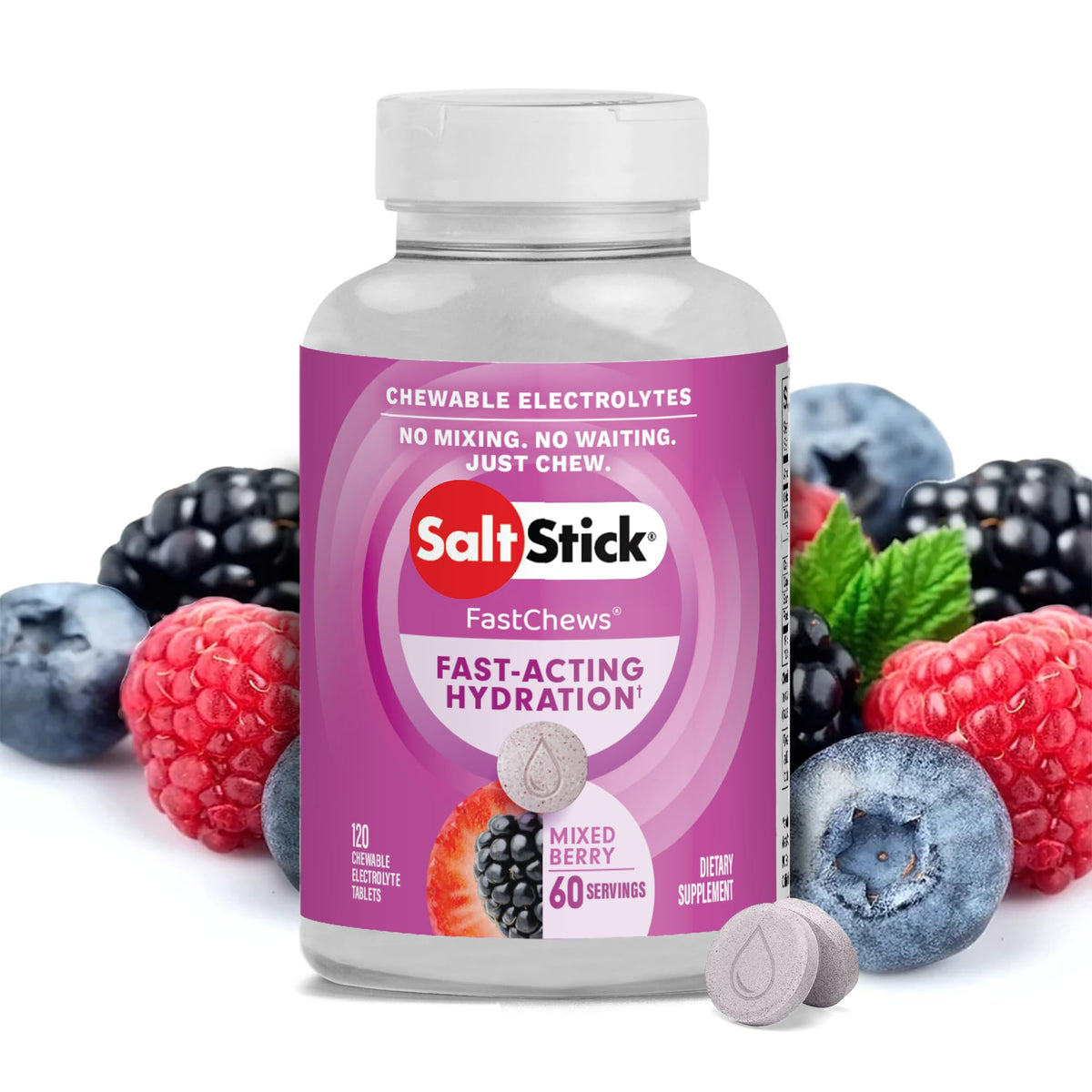 SaltStick FastChews: bolsa de 120 frambuesa, ideal para hidratación durante entrenamientos.