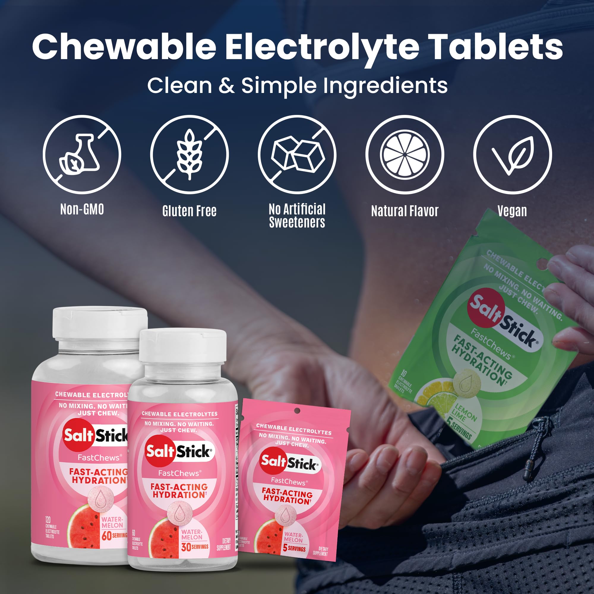 SaltStick Electrolyte FastChews, uso sencillo: masticar 2 tabletas cada 30 minutos.