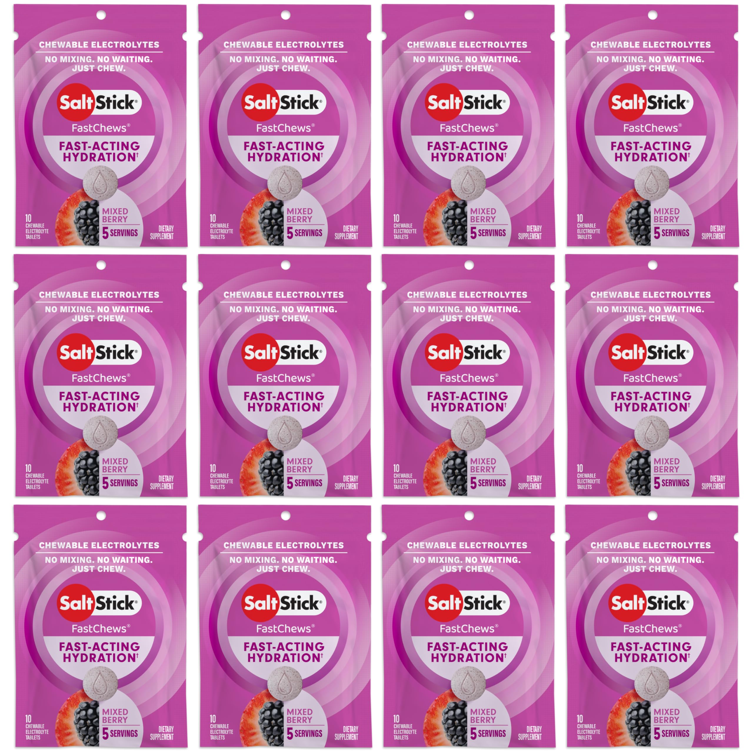 SaltStick FastChews electrolitos frambuesa, 120 tabletas, para hidratación rápida durante entrenamientos.