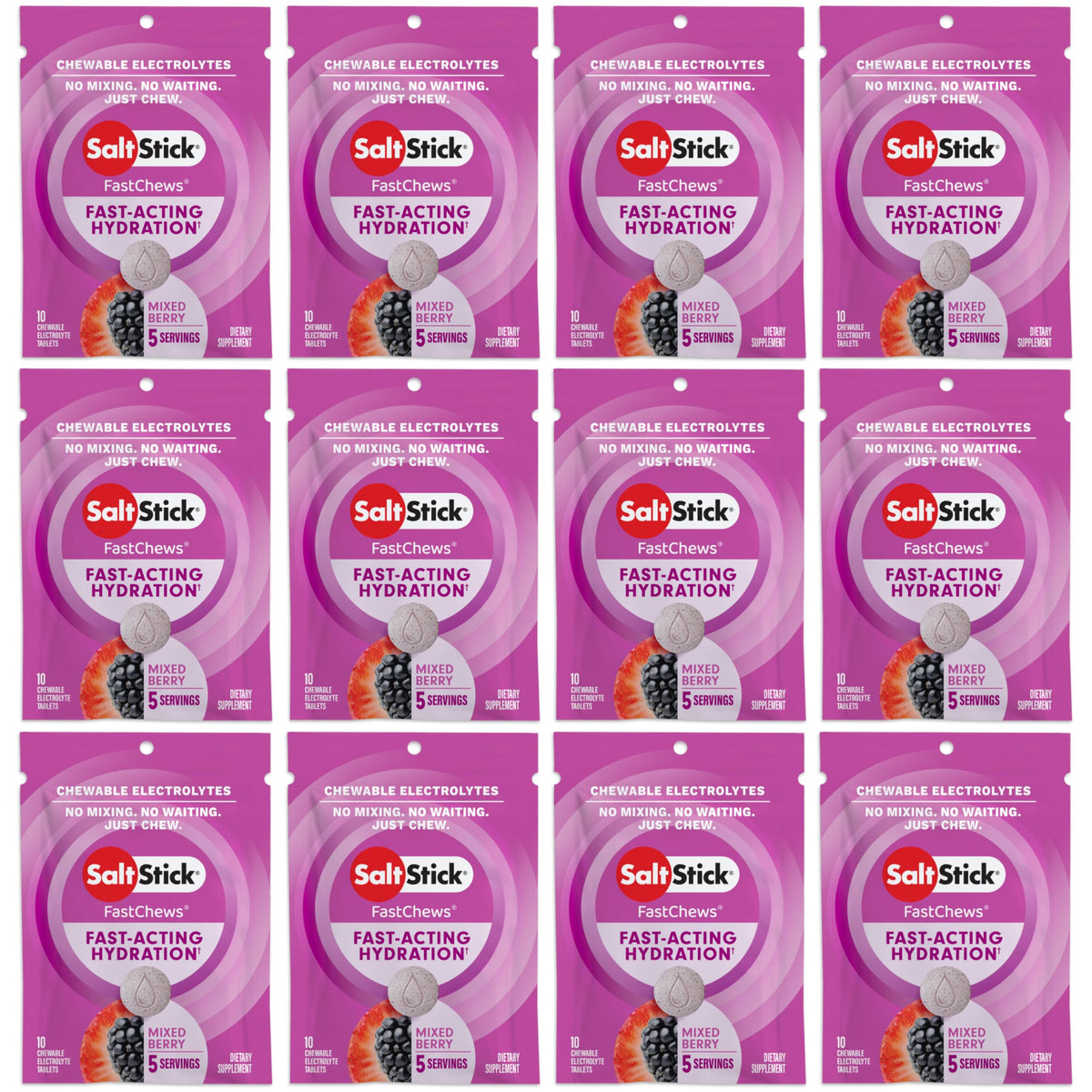 SaltStick FastChews electrolitos frambuesa, 120 tabletas, para hidratación rápida durante entrenamientos.
