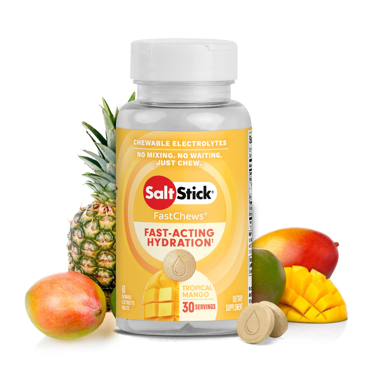 SaltStick FastChews mango, empaque práctico para entrenamientos largos.