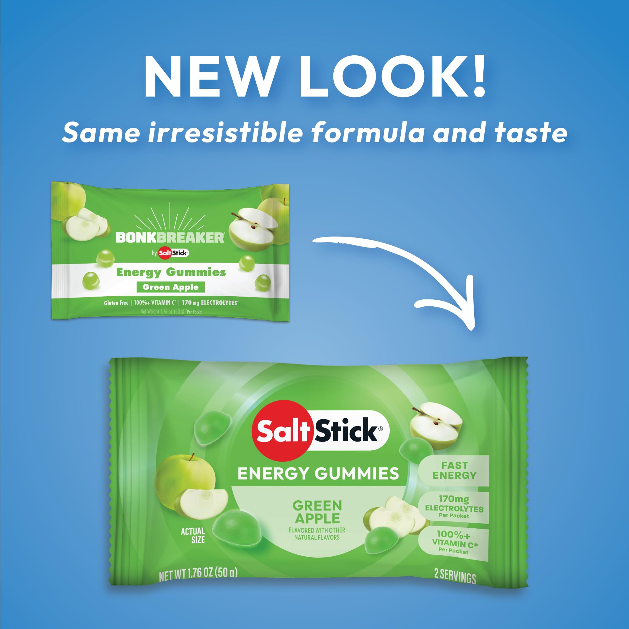 SaltStick gomitas energéticas manzana verde, paquetes individuales para llevar durante la actividad.