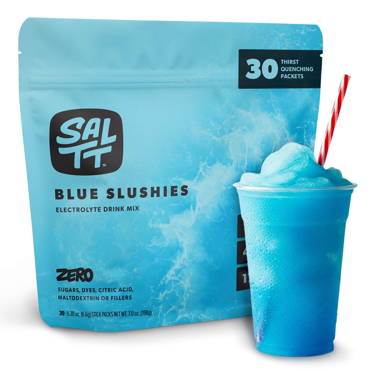 SALTT polvo de electrolitos sabor Azul Granizado, empaque frontal para hidratación diaria.