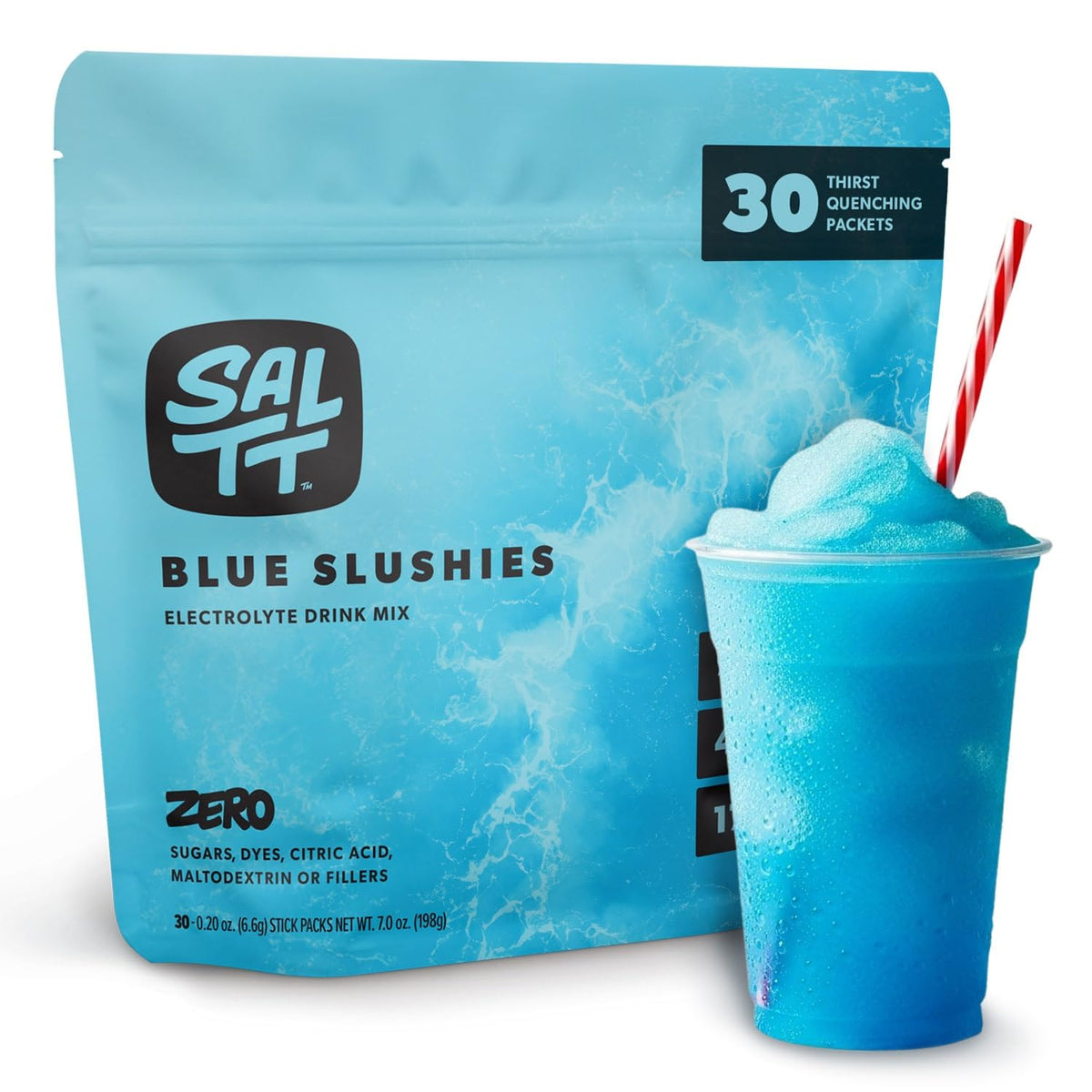 SALTT polvo de electrolitos sabor Azul Granizado, empaque frontal para hidratación diaria.