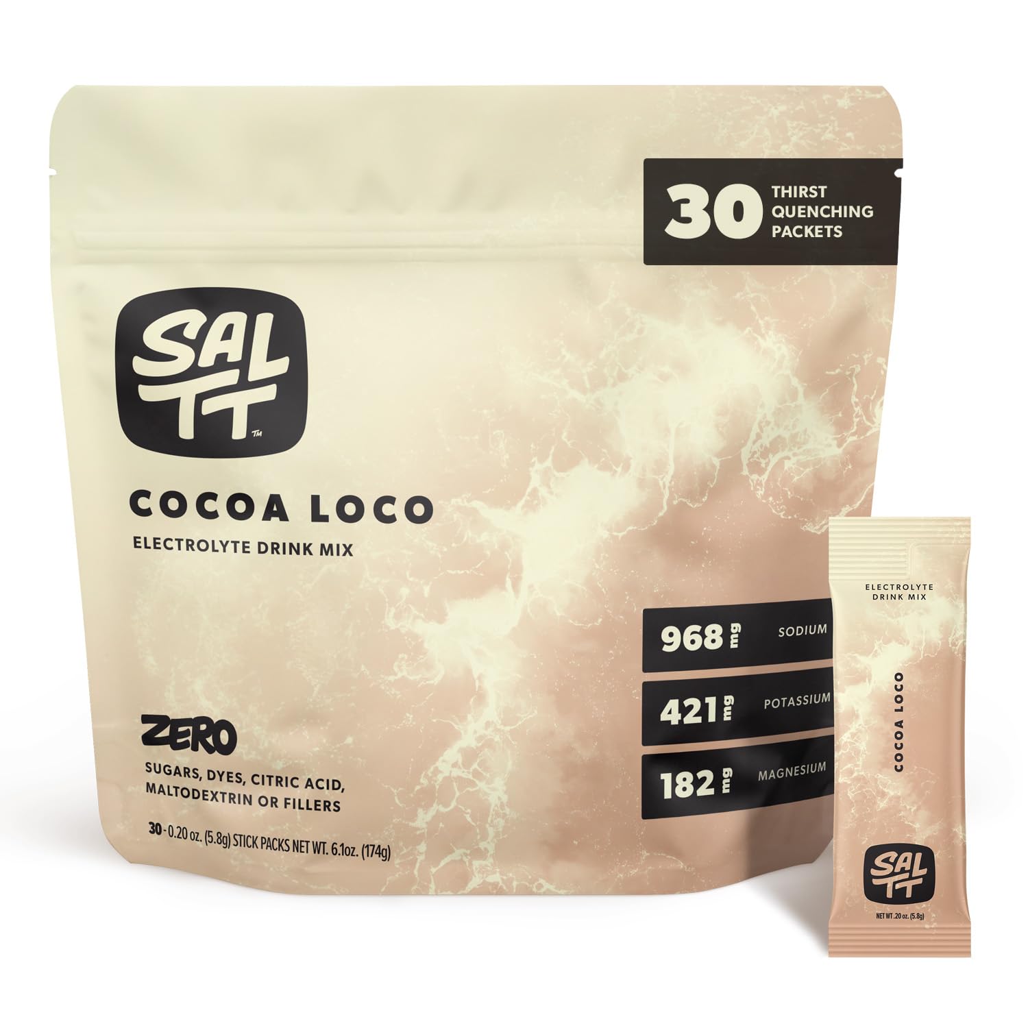 SALTT electrolitos en polvo, sabor Cacao Loco, listo para viaje y entrenamiento