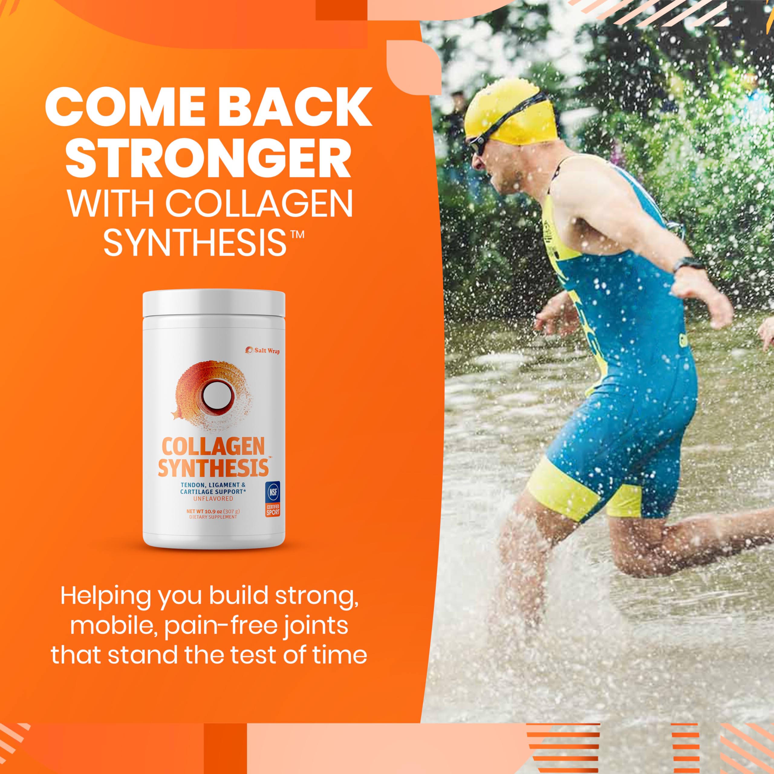 SaltWrap Collagen Synthesis: contiene Fortigel y Tendoforte para soporte de tejidos.