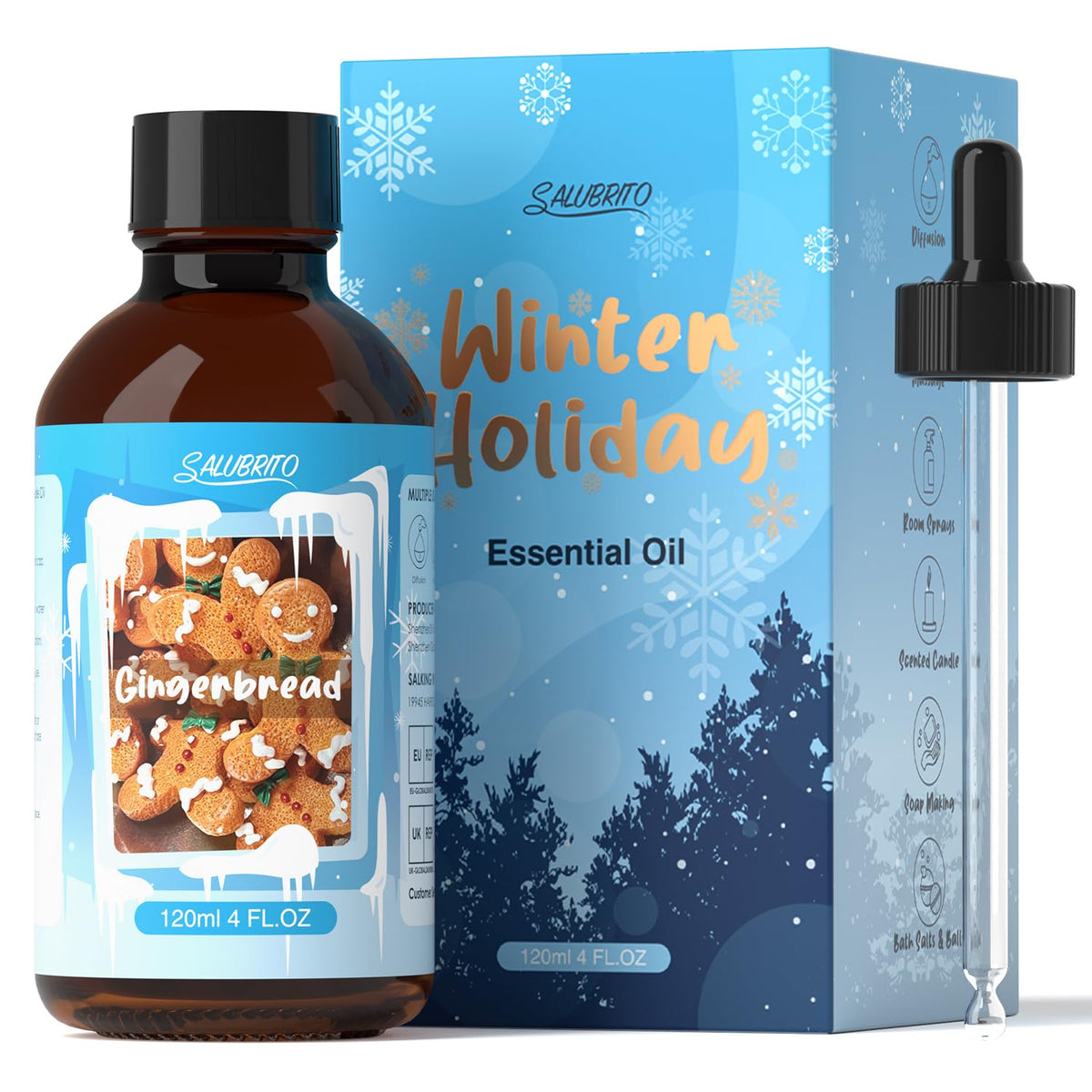 Salubrito Gingerbread: botella de aceite esencial para ambientar espacios con aroma navideño.