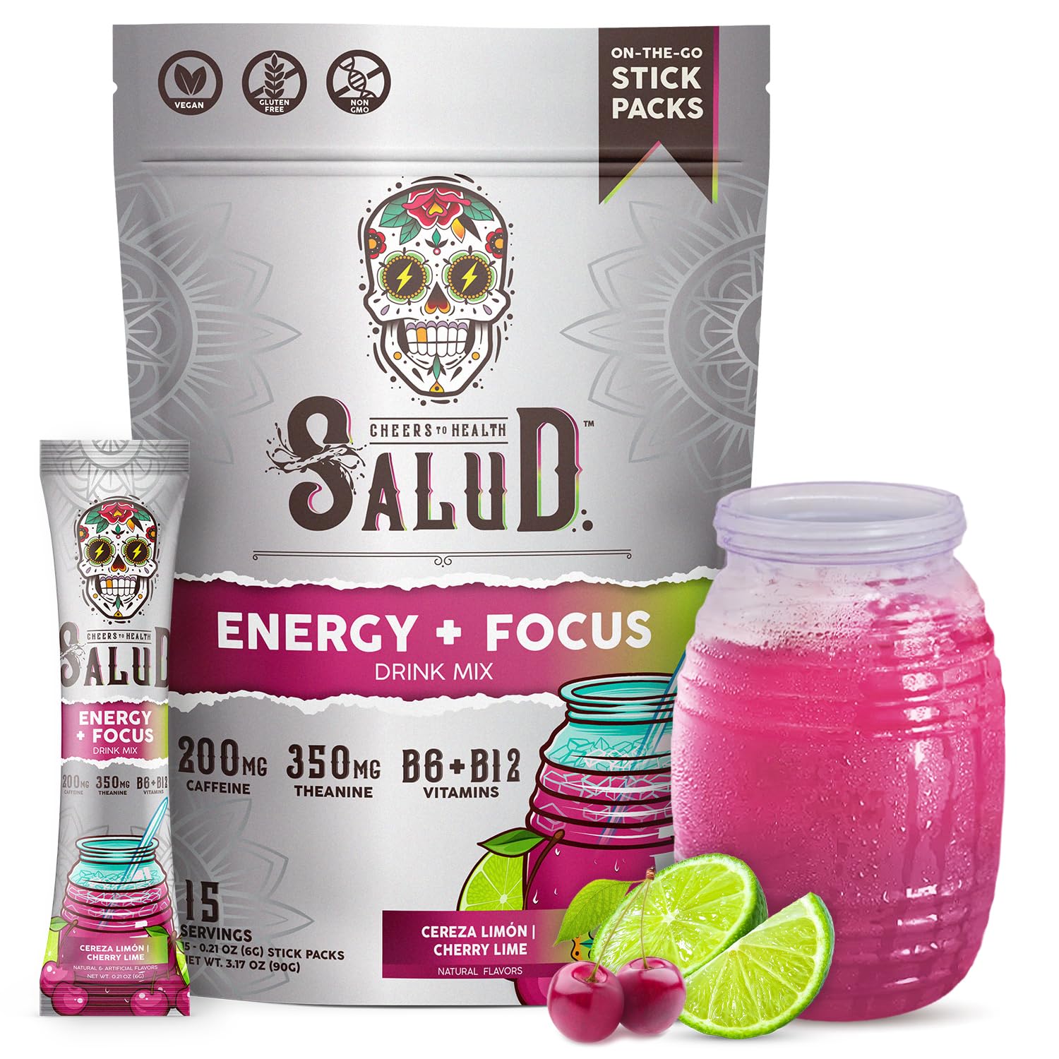 Salud 2-en-1 polvo, sabor cereza-lima, listo para mezclar en agua y disfrutar.