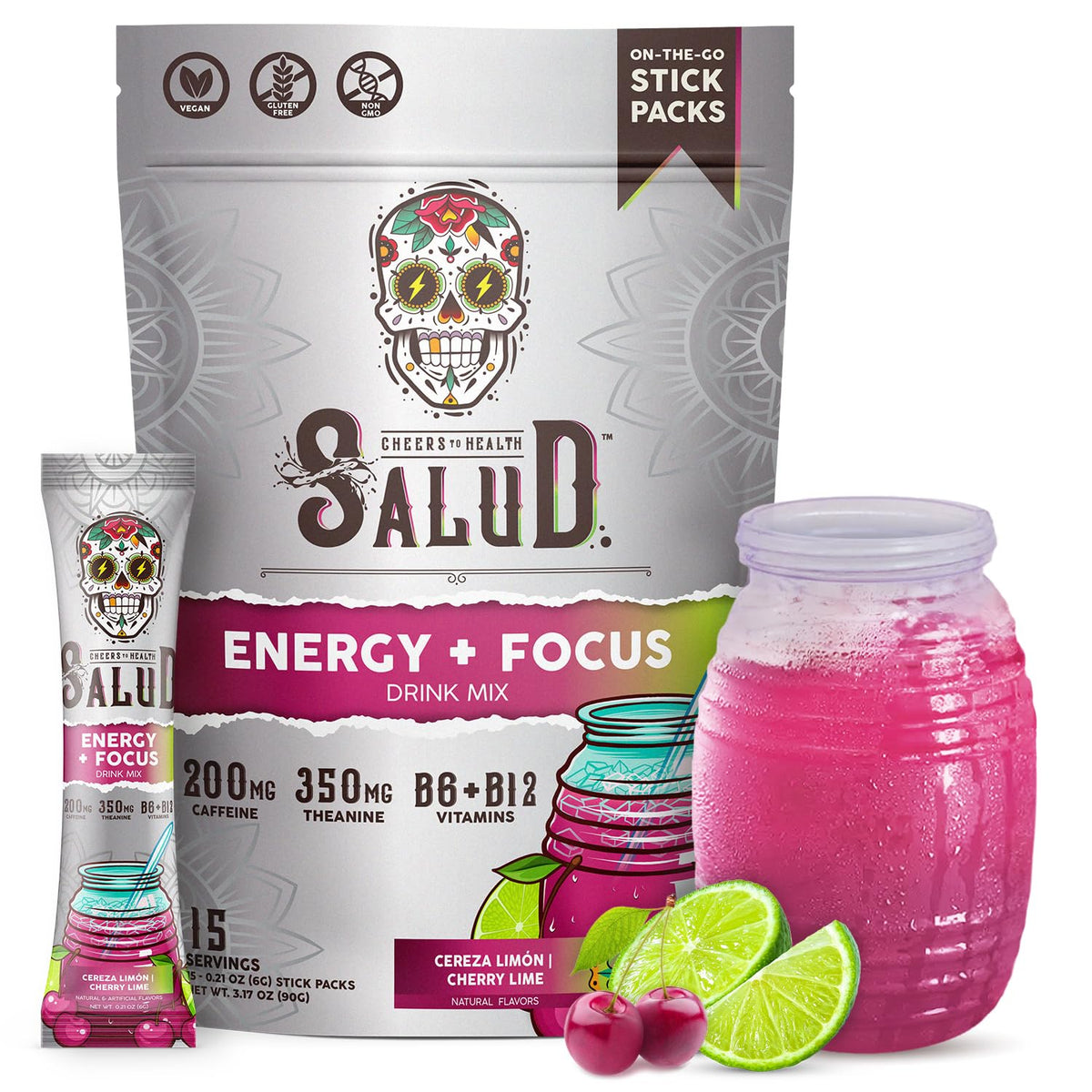 Salud 2-en-1 polvo, sabor cereza-lima, listo para mezclar en agua y disfrutar.