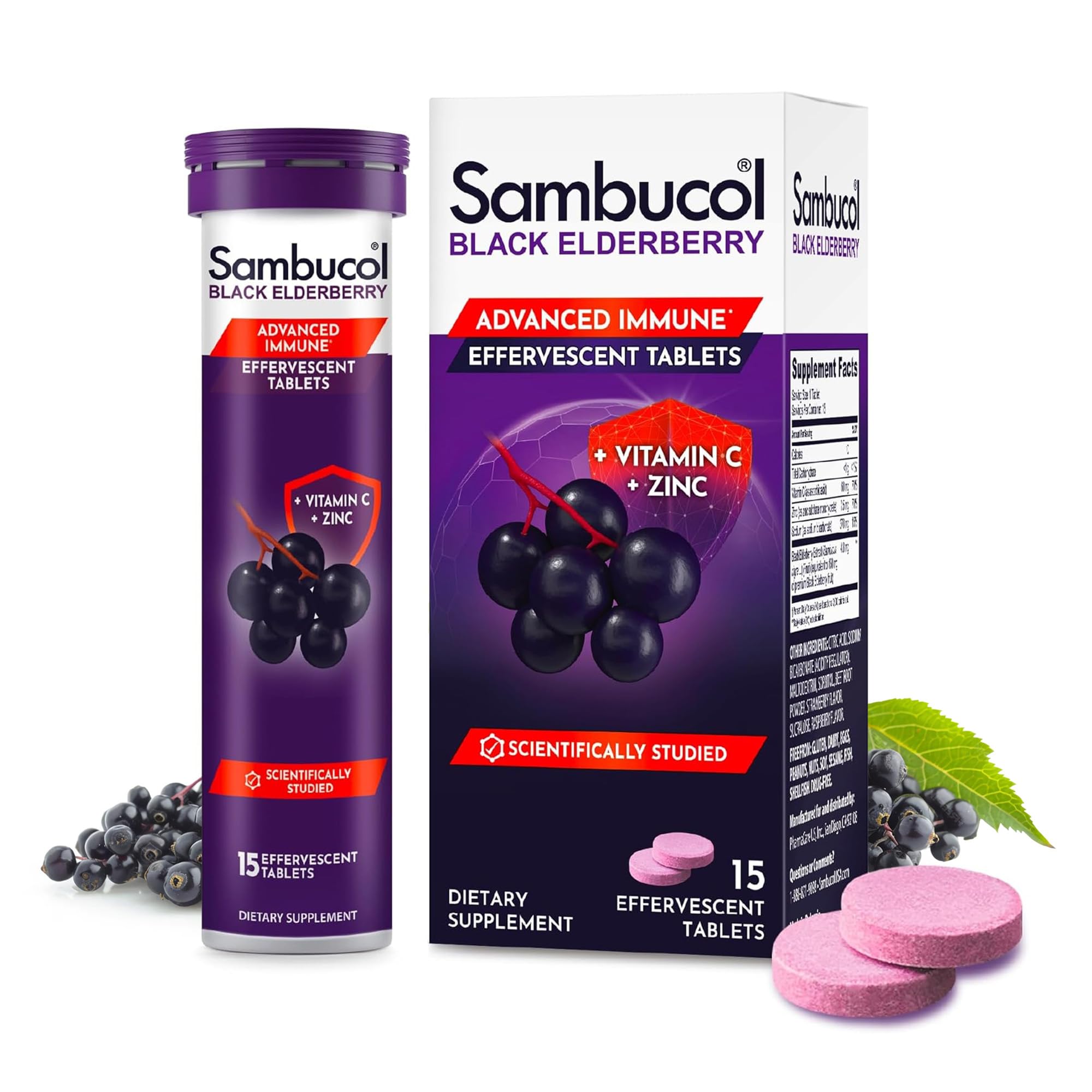 Sambucol botella de tabletas efervescentes para apoyo inmune diario.