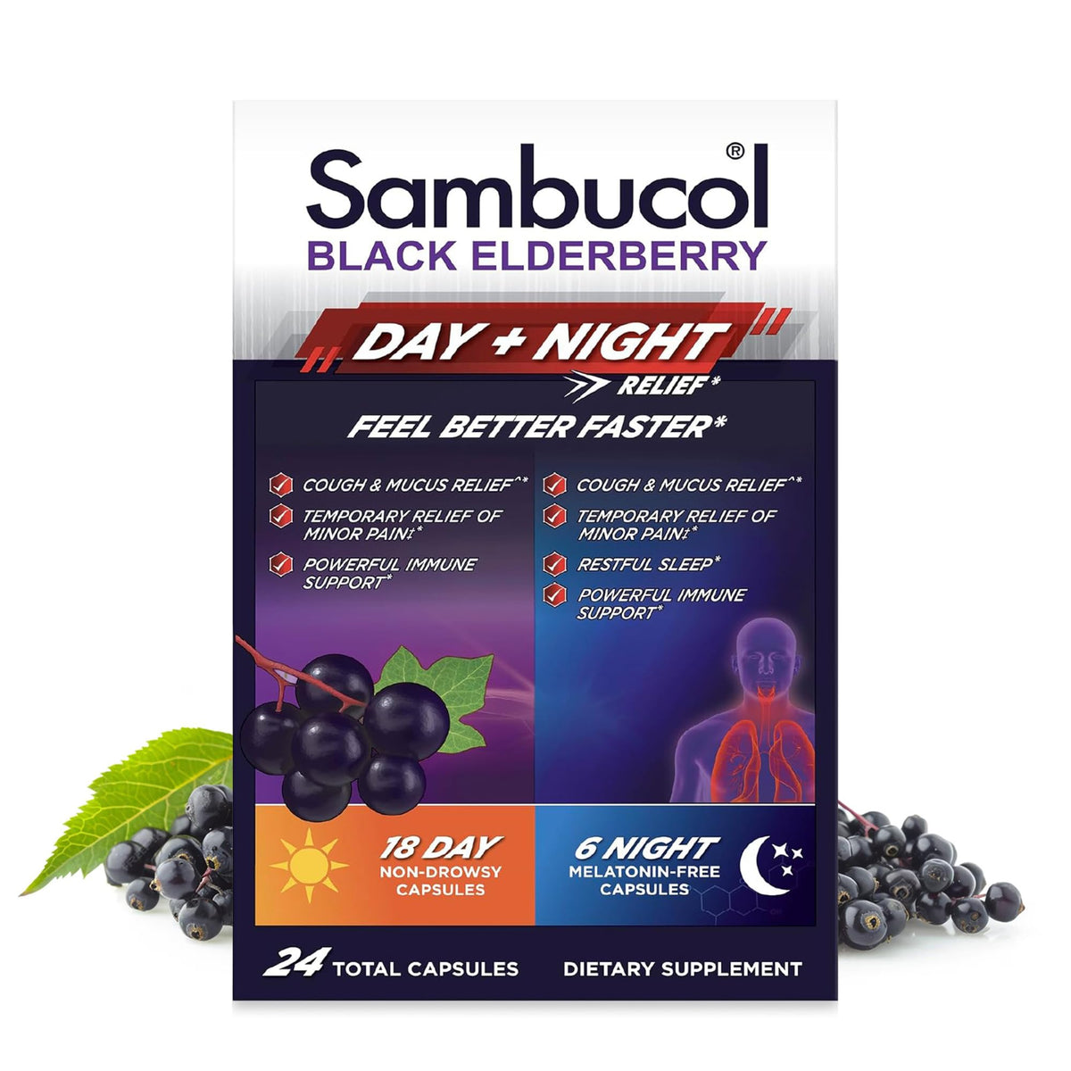 Sambucol Día Noche: cápsulas en bote para alivio respiratorio diario.