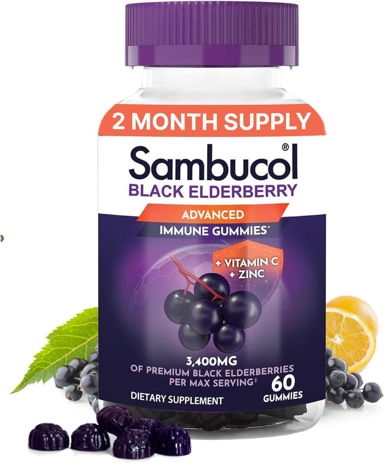 Sambucol gominolas frente del envase, sabor frutal para apoyo diario.